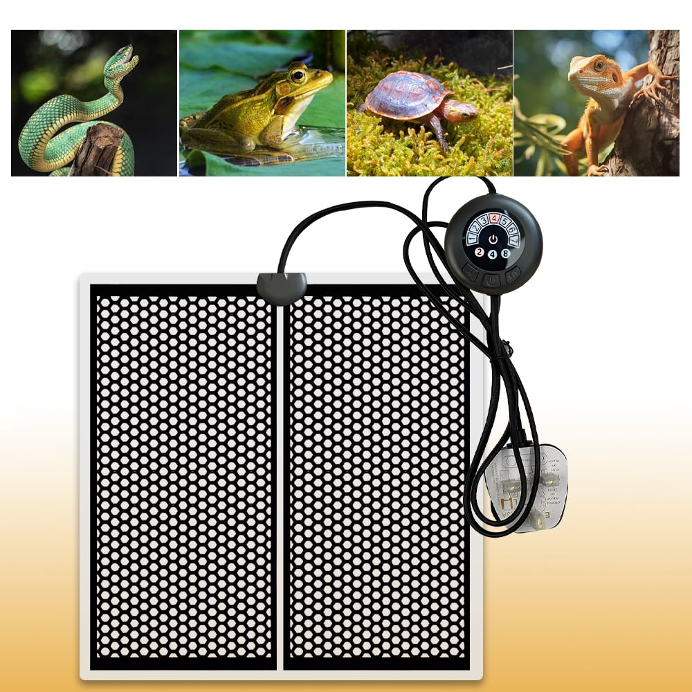 Jonuin Reptile Heat Mat, Reptile Heat Pad with 7 Button Temperature Adjustment, 3 Timer Settings, Terrarium Heat Mats for Reptiles Tortoise Snakes Lizard Gecko Hermit Crab Turtle (14W,11x11 inches)