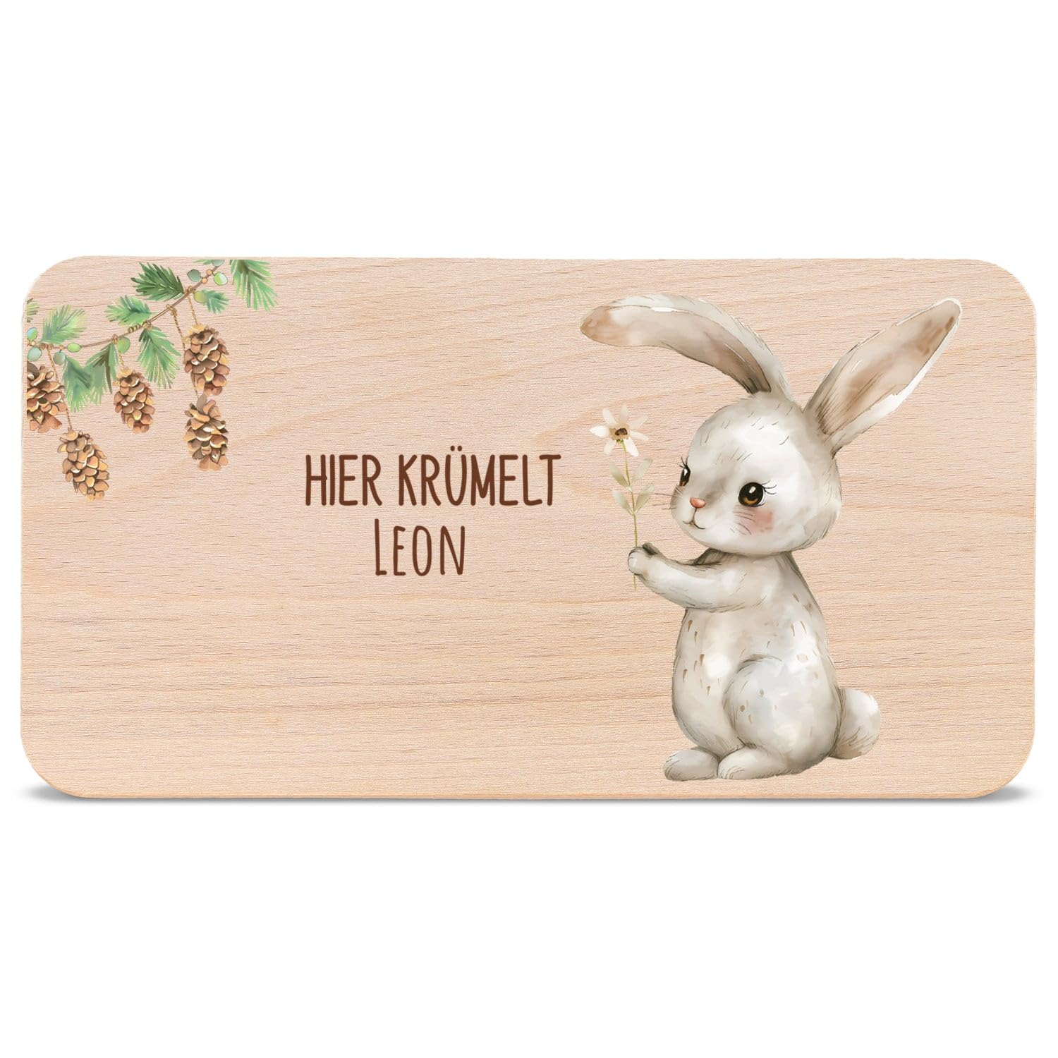 GRAVURZEILE - Bedrucktes Frühstücksbrettchen aus Holz - Hier Krümelt Hase mit Blume - Personalisiert mit Namen - Geschenk für Kinder - Lebensmittelechter, umweltfreundlich Druck (GreenGuard Gold)