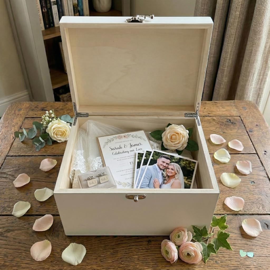 Caja de recuerdos de boda personalizada de madera blanca con flores bohemias | Apellido, lugar y fecha | regalo de boda | 22 x 15 x 10 cm