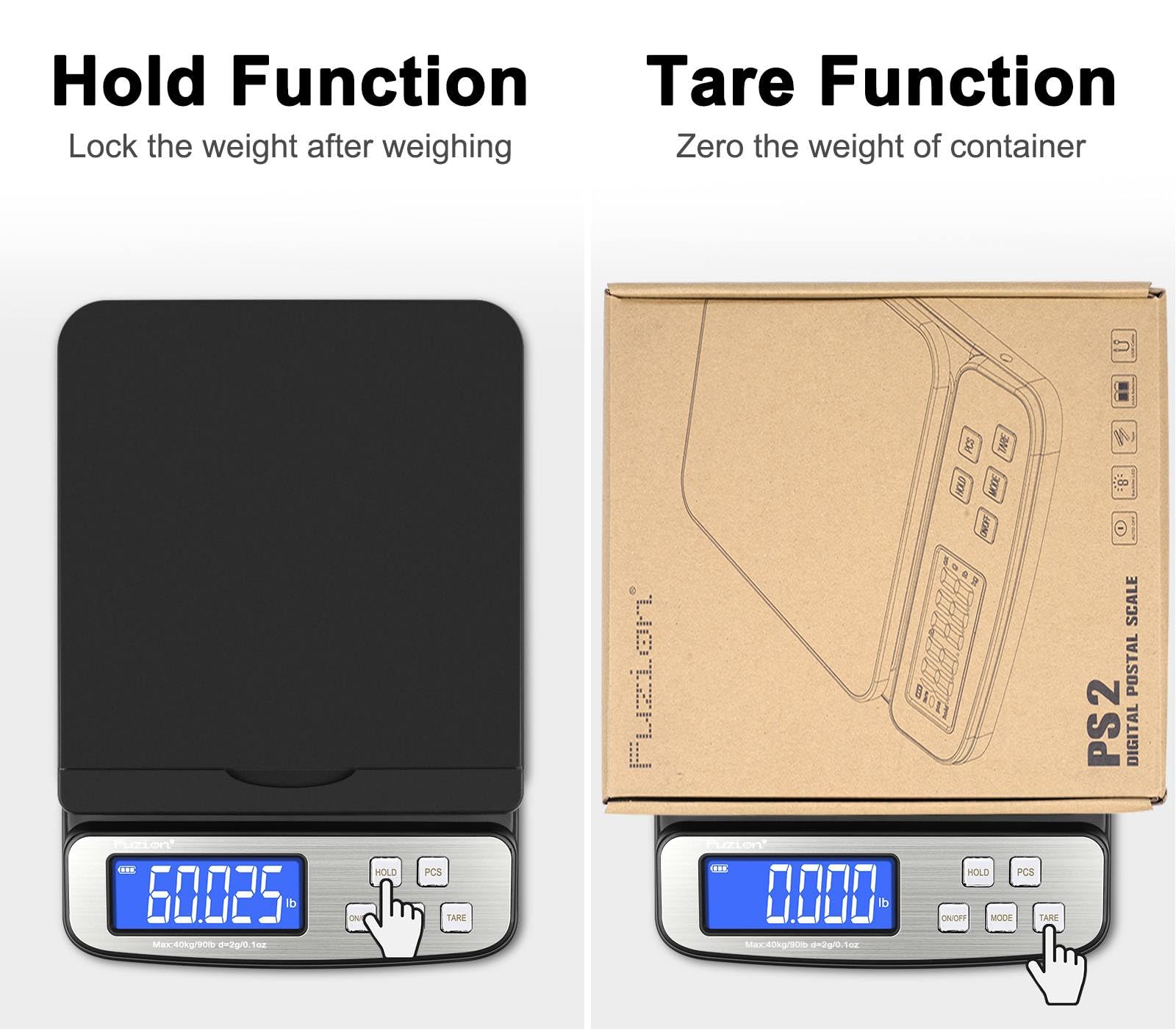 Fuzion Báscula de envío, báscula postal digital precisa de 88 libras/1 onza con función de retención y tara, báscula de envío para paquetes y correo, pantalla LCD, batería