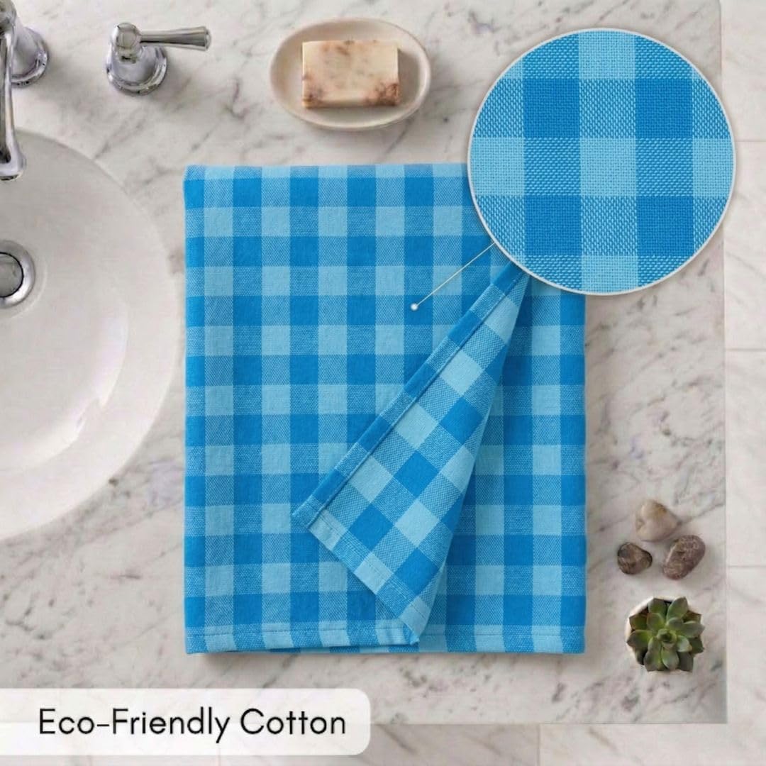 Athom Living Premium Cotton Bath Towel – Lightweight, Quick-Dry & Highly Absorbent, Soft Blue Check Design, Comfortable Everyday Use, Durable & Stylish | 75x150 cm, Pack of 1 1