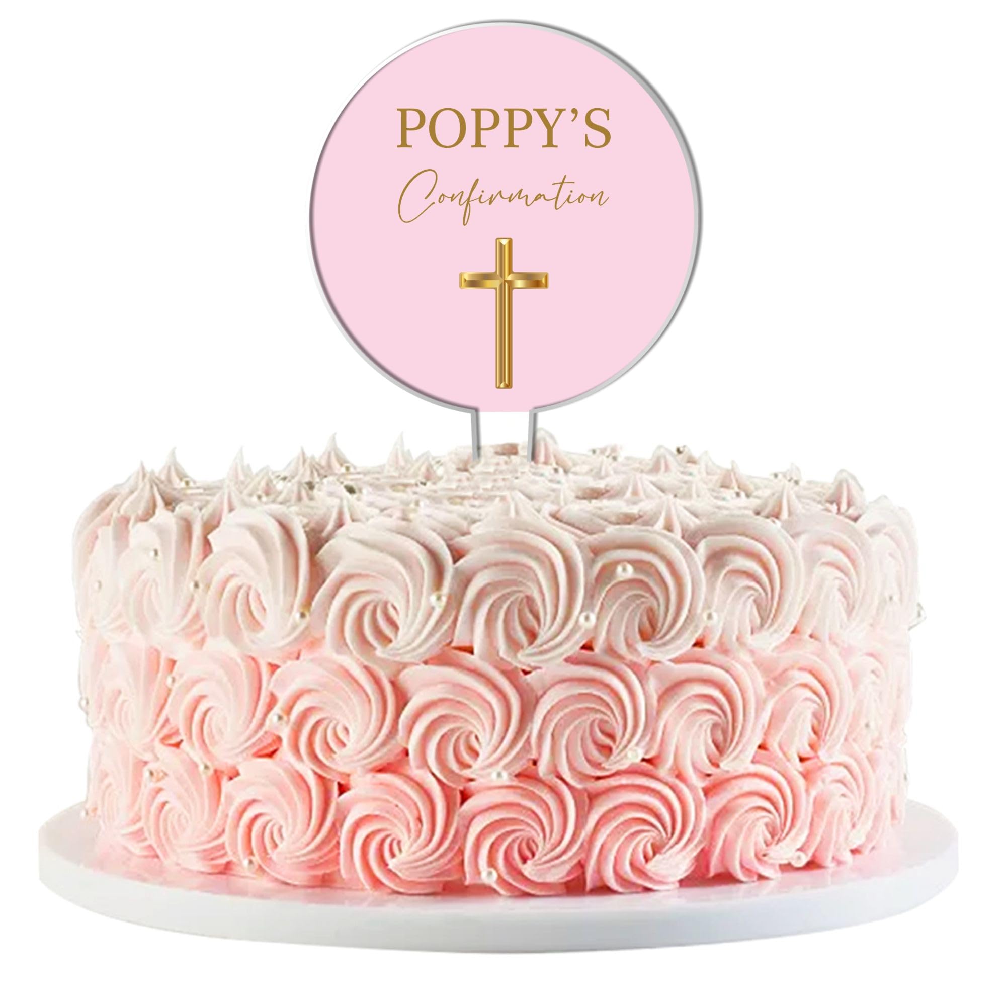 Personalised Acrylic Cake Topper for Christenings Confirmations Holy Communions – Custom Child’s Name in 7 Colours with Gold Cross Design (Confirmation, Pink)