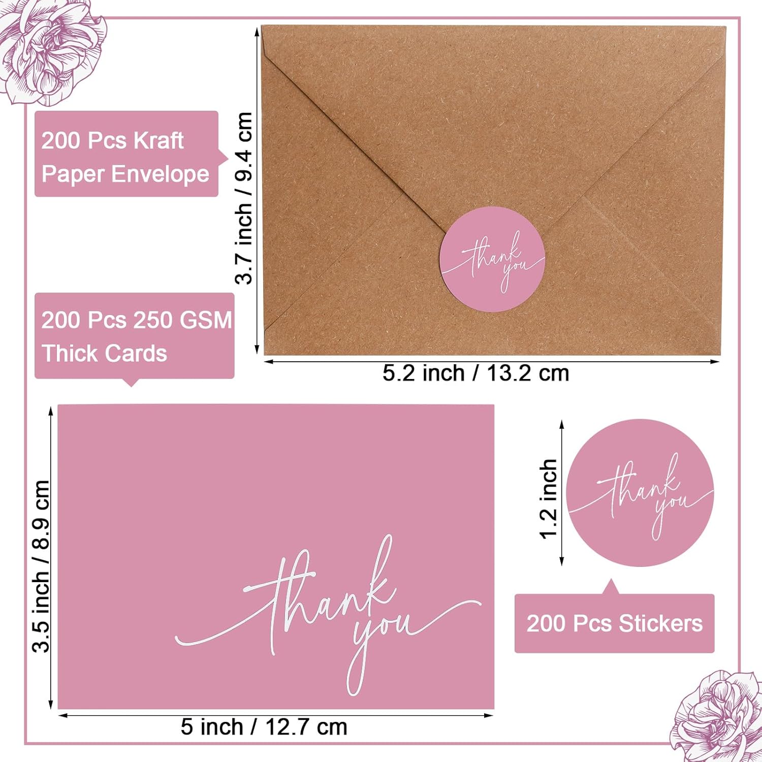 Gueevin 200 Pcs Thank You Cards with Kraft Envelopes and Stickers Bulk, 3.5 x 5 Inch Classy Blank Thank You Notes for Wedding, Business, Graduation, Baby Shower, Bridal Shower, Funeral(Pink)