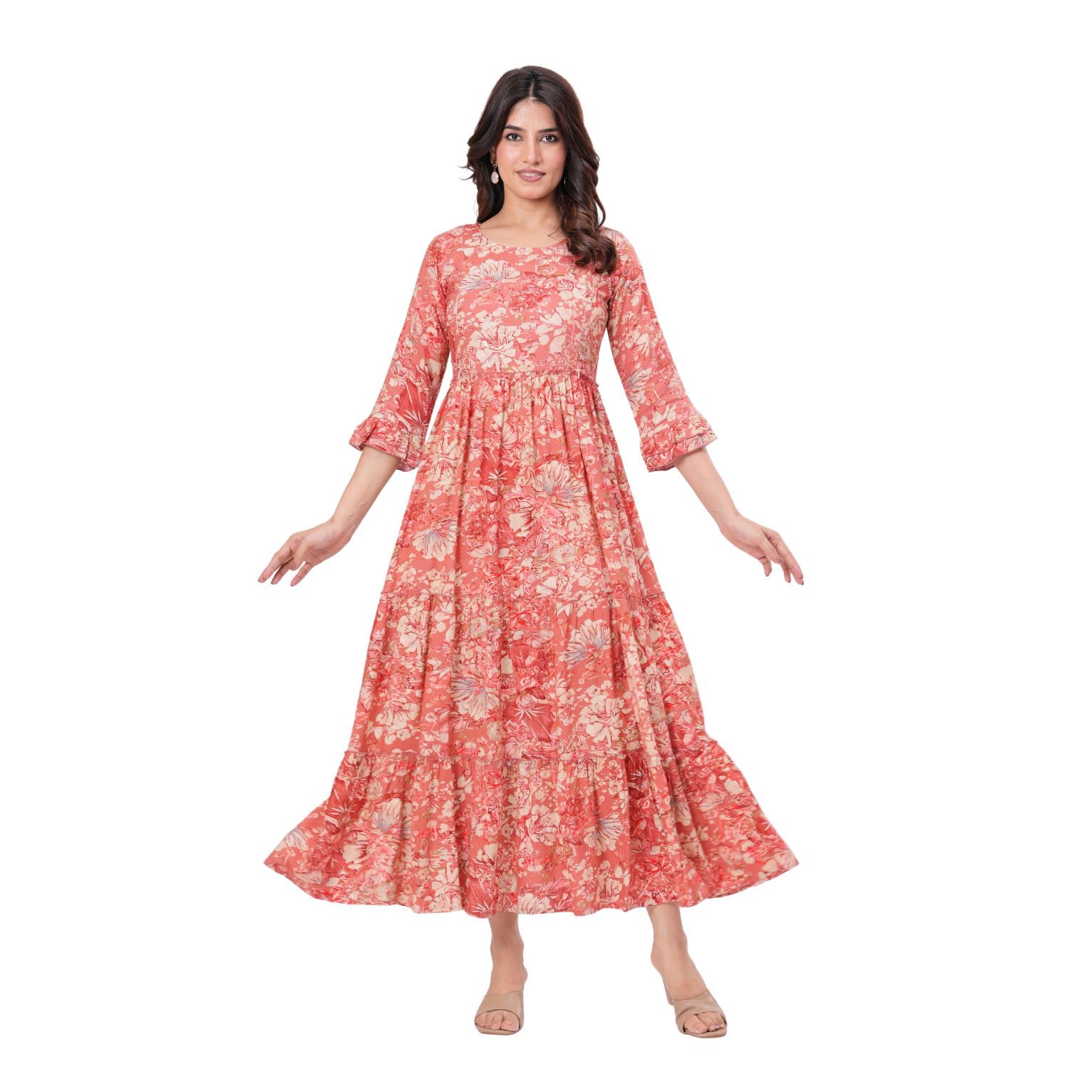 Womens Rayon Floral Print Maternity Maxi Dress Anarkali Style Gown with 3 4 Sleeves and Flared Hem-picture-29
