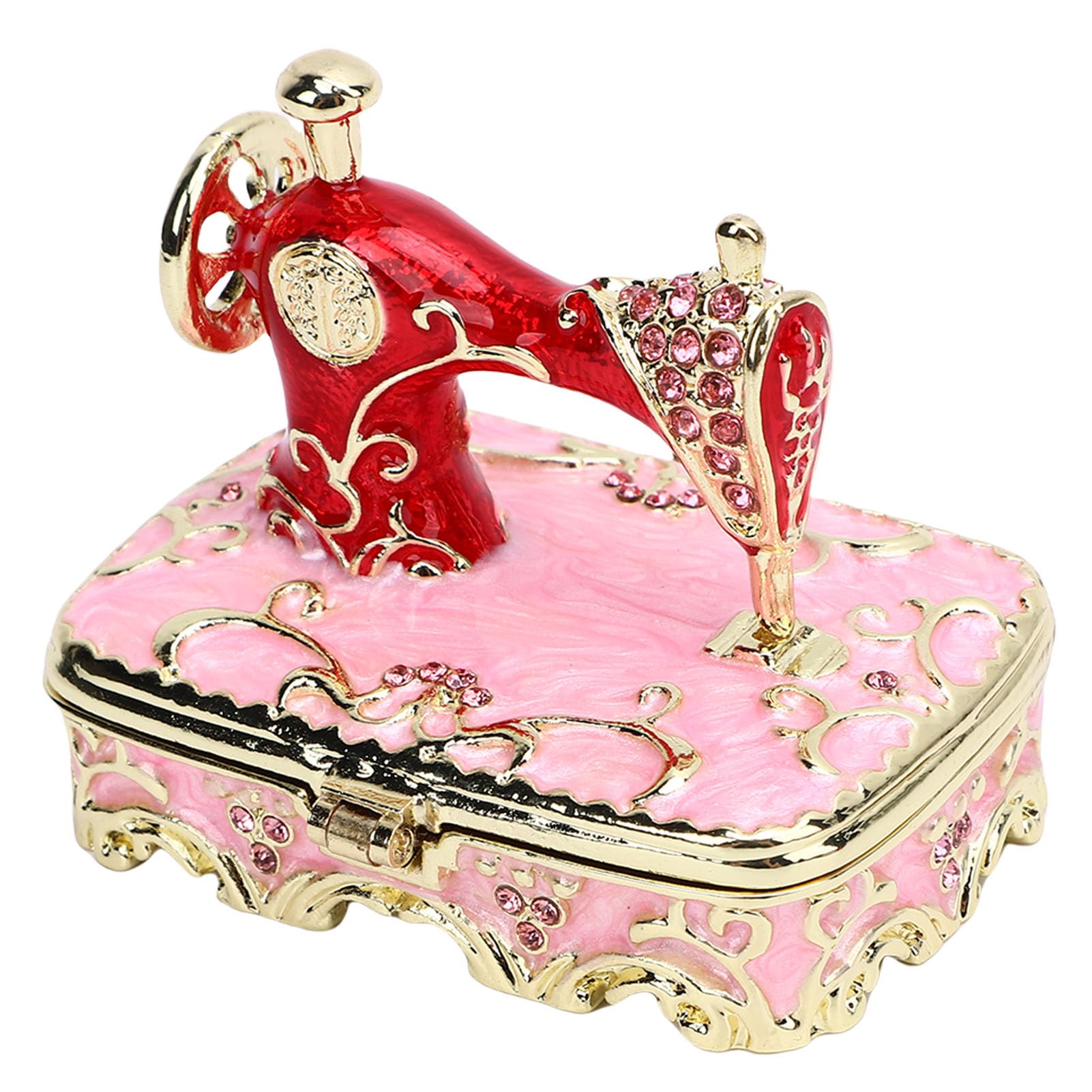Jelquix Sewing Machine Tabletop Trinket Box, Zinc Alloy Multifunctional Exquisite Vintage Sewing Machine Jewelry Ornament Box for Home (Pink)