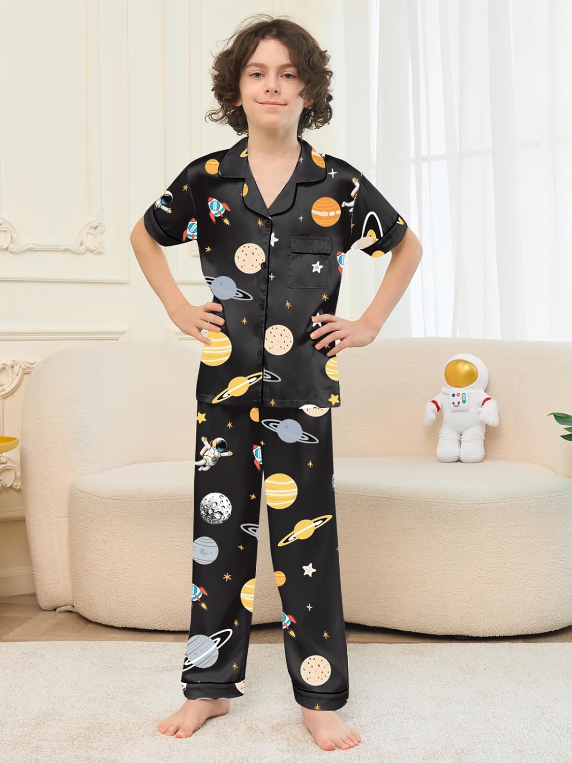 Umeyda Boys Silk Pajamas Sets Short Sleeve Sleepwear 3 Piece Pjs Set - Image 4