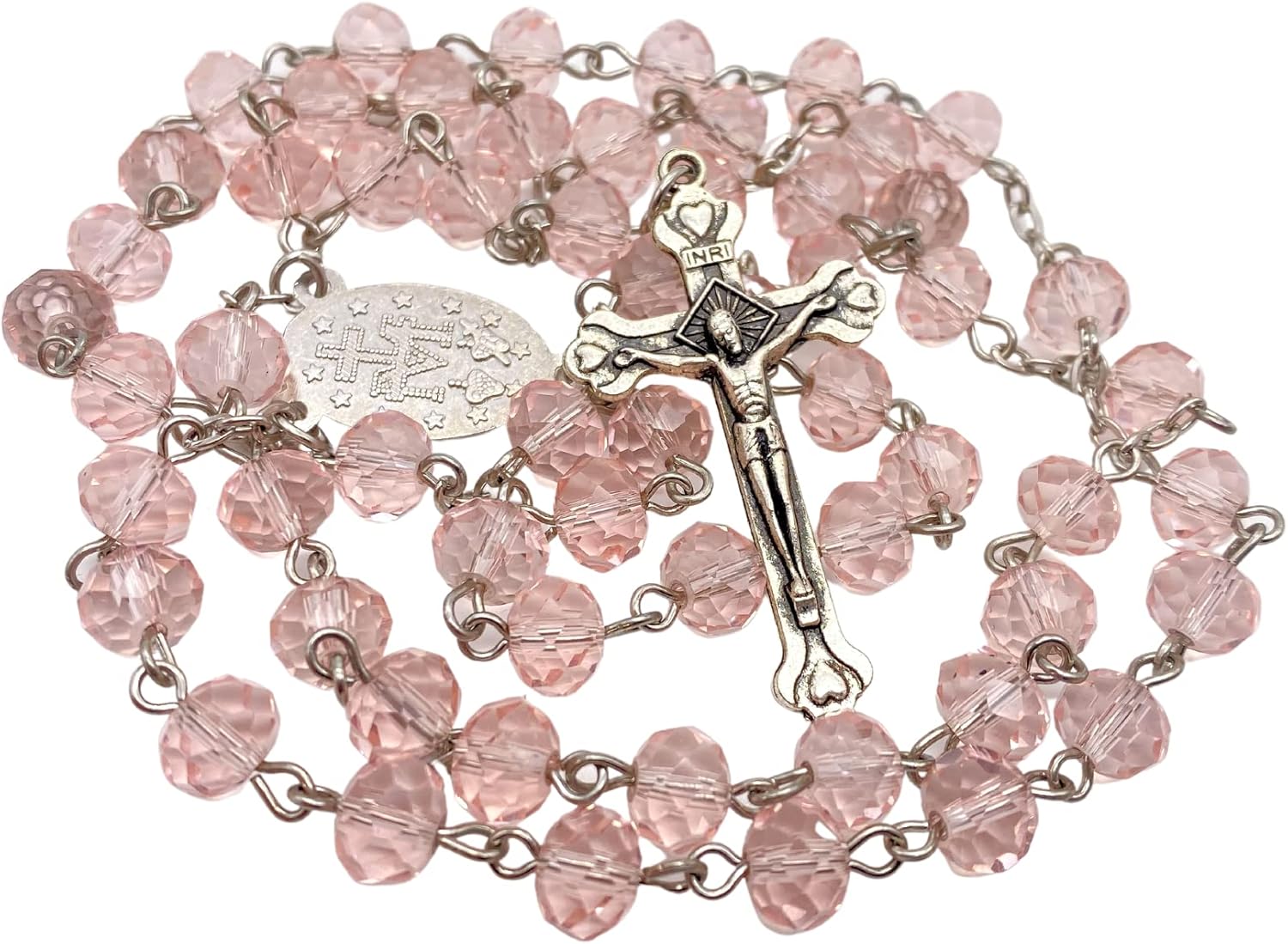 Nazareth Store Pink Pearl Beads Rosary Handmade Prayer Beaded Necklace with Miraculous Medal and Silver Cross