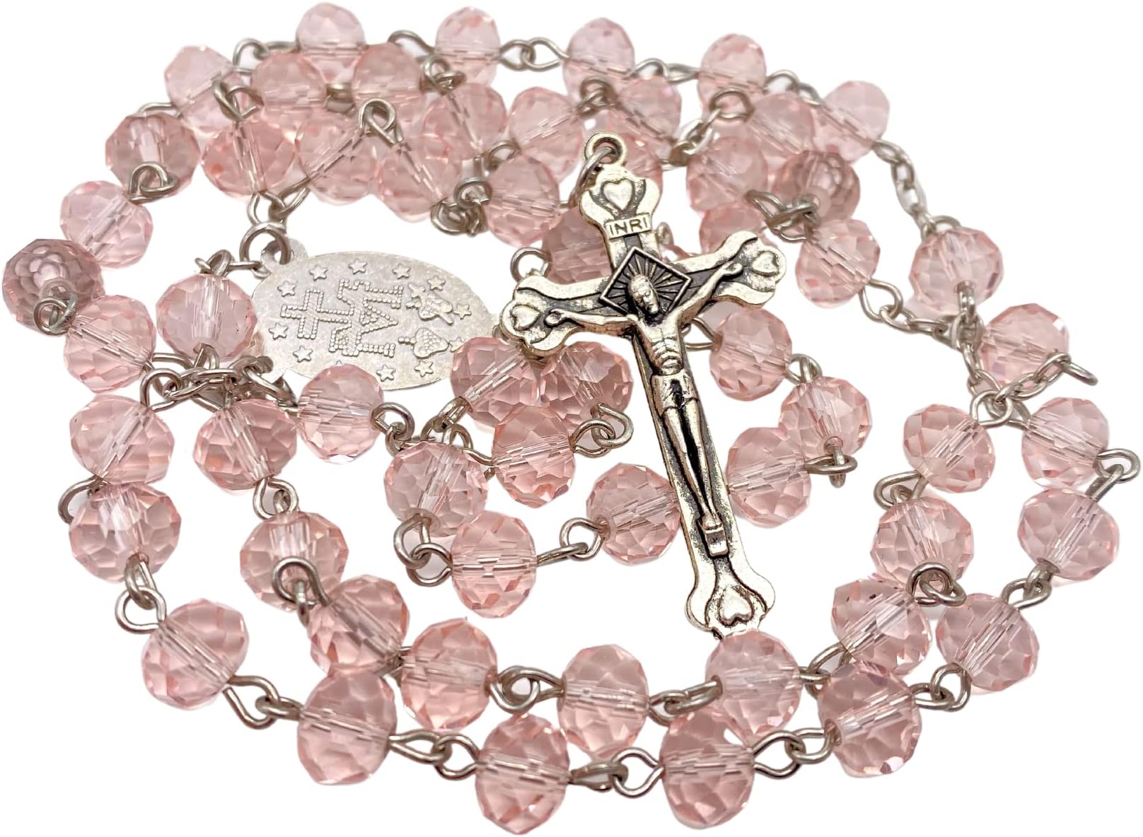 Nazareth Store Light Pink Crystal Beads Rosary Catholic Necklace Miraculous Medal & Crucifix