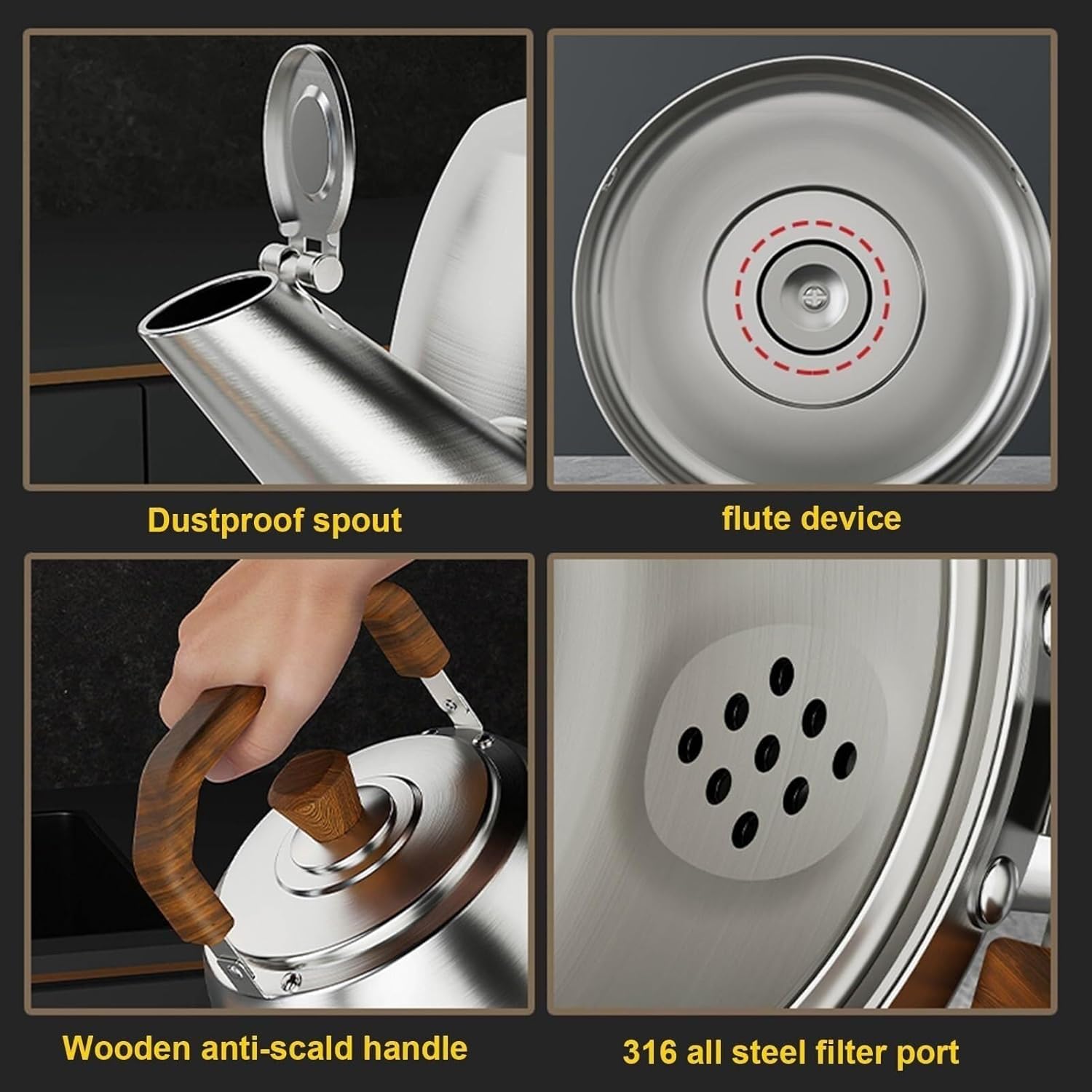 Tea Kettle Stovetop, Modern Food Grade 316 Stainless Steel Whistling 4.2QT Tea Pot, with Wood Anti-Hot Folding Handle for Gas Stoves Induction Cookers