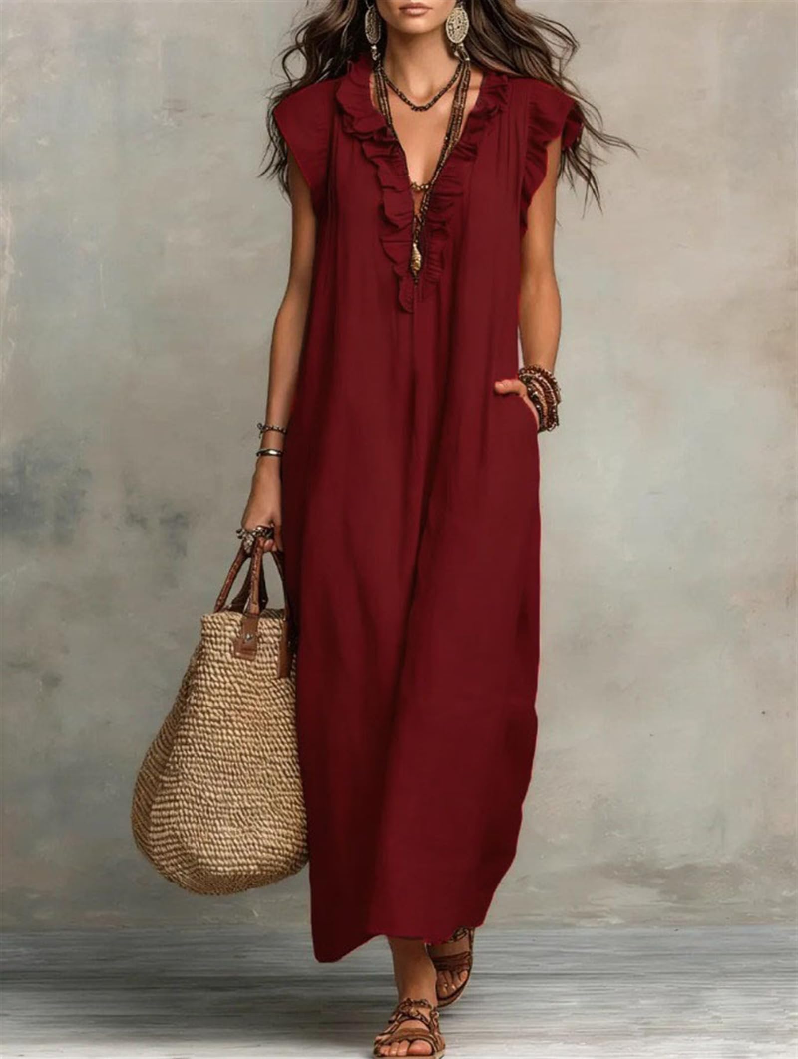 Générique Robe Longue Fluide pour Femme – Style décontracté et Artistique, Unie, en Coton et Lin, sans Manches, col en V à Volants