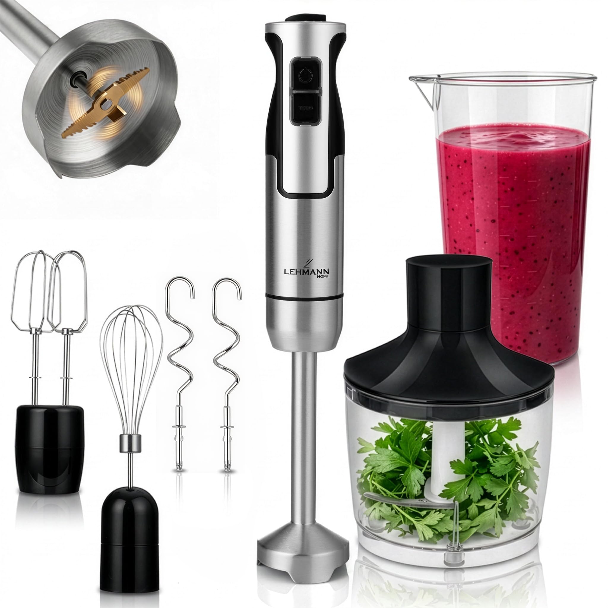 LEHMANN Stabmixer Set 1200 Watt - Multifunktions Pürierstab 5-in-1-6 Zubehör - 860 ml Messbecher - 8-stufige Geschwindigkeitsregelung - Turbo-Funktion - 15.000 U/Min - BPA-frei - Goldene Klinge