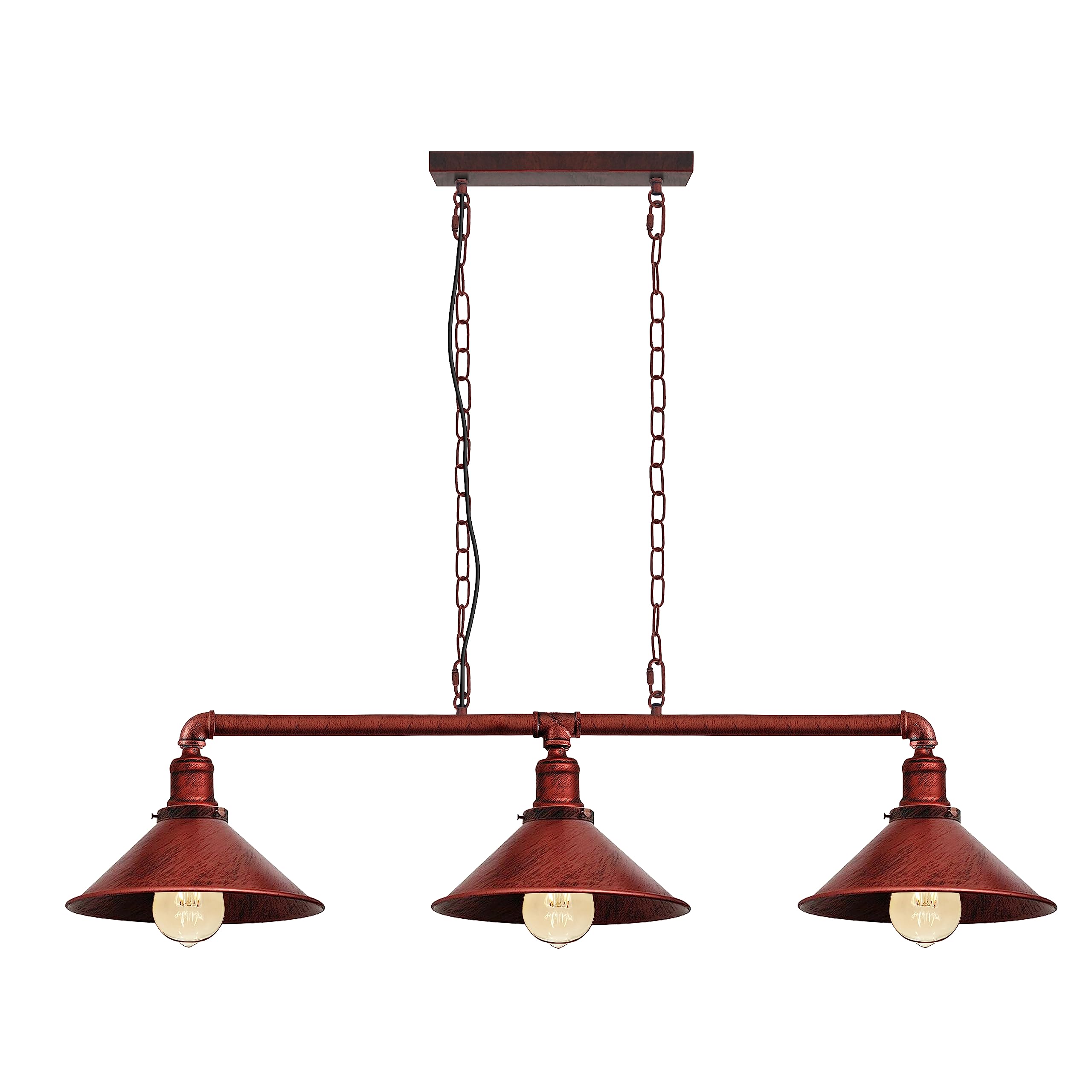 LEDSone 3 Head Vintage Steampunk Water Pipe Pendant Light Fitting E27 Holder with Hanging Light Set Retro Lamp Indoor Lighting for Fitting Pipe Fixture Chandelier (Rustic red, with Bulb)