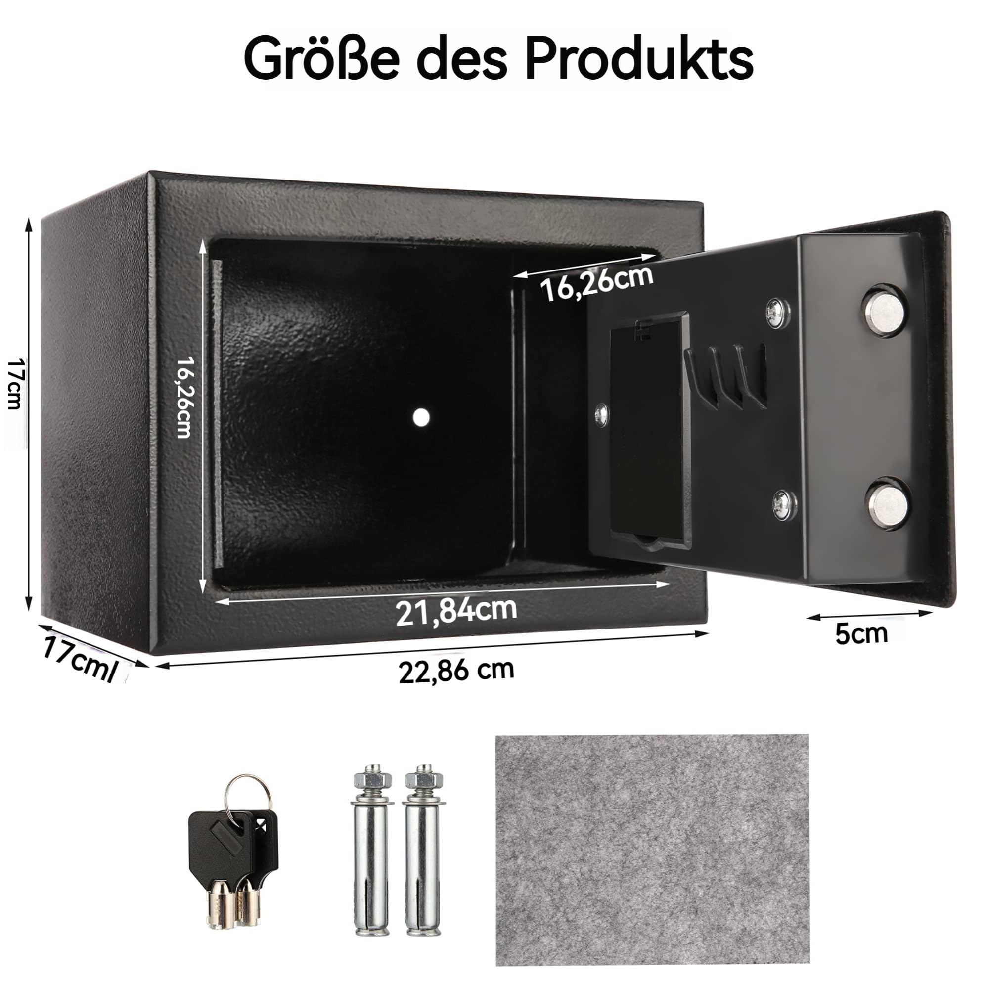 6,65L Kompakter Feuer- und Wasserdichter Tresor – Elektronischer Möbeltresor mit 2 Doppelstahlbolzen, Samtpolsterung und Notschlüsseln, 23 x 17 x 17 cm