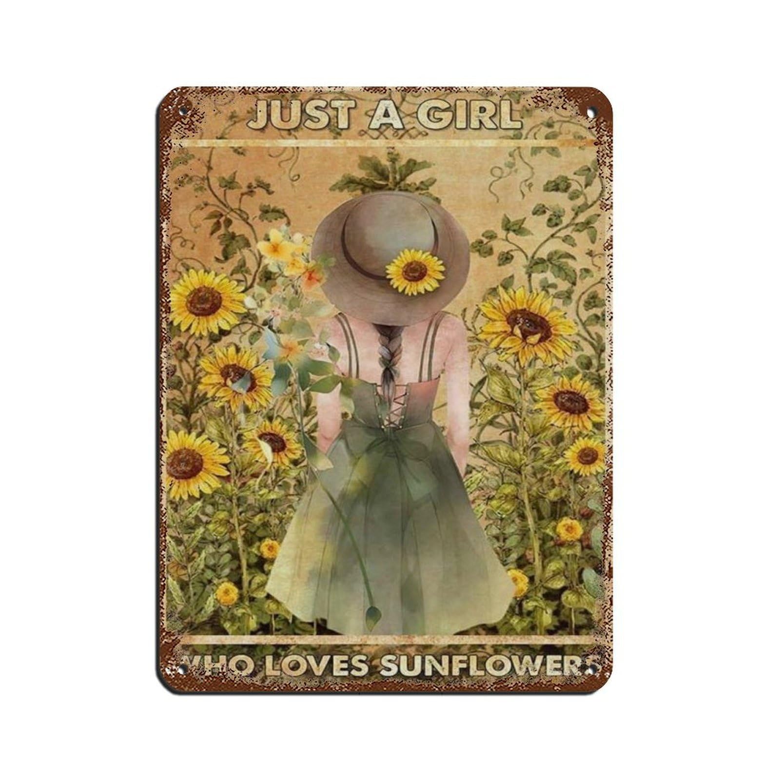 Just A Girl Who Loves Sunflowers Tin Sign Vintage Metal Pub Club Cafe Bar Home Wall Art Decoration Poster Retro 12x16inch(30x40cm)