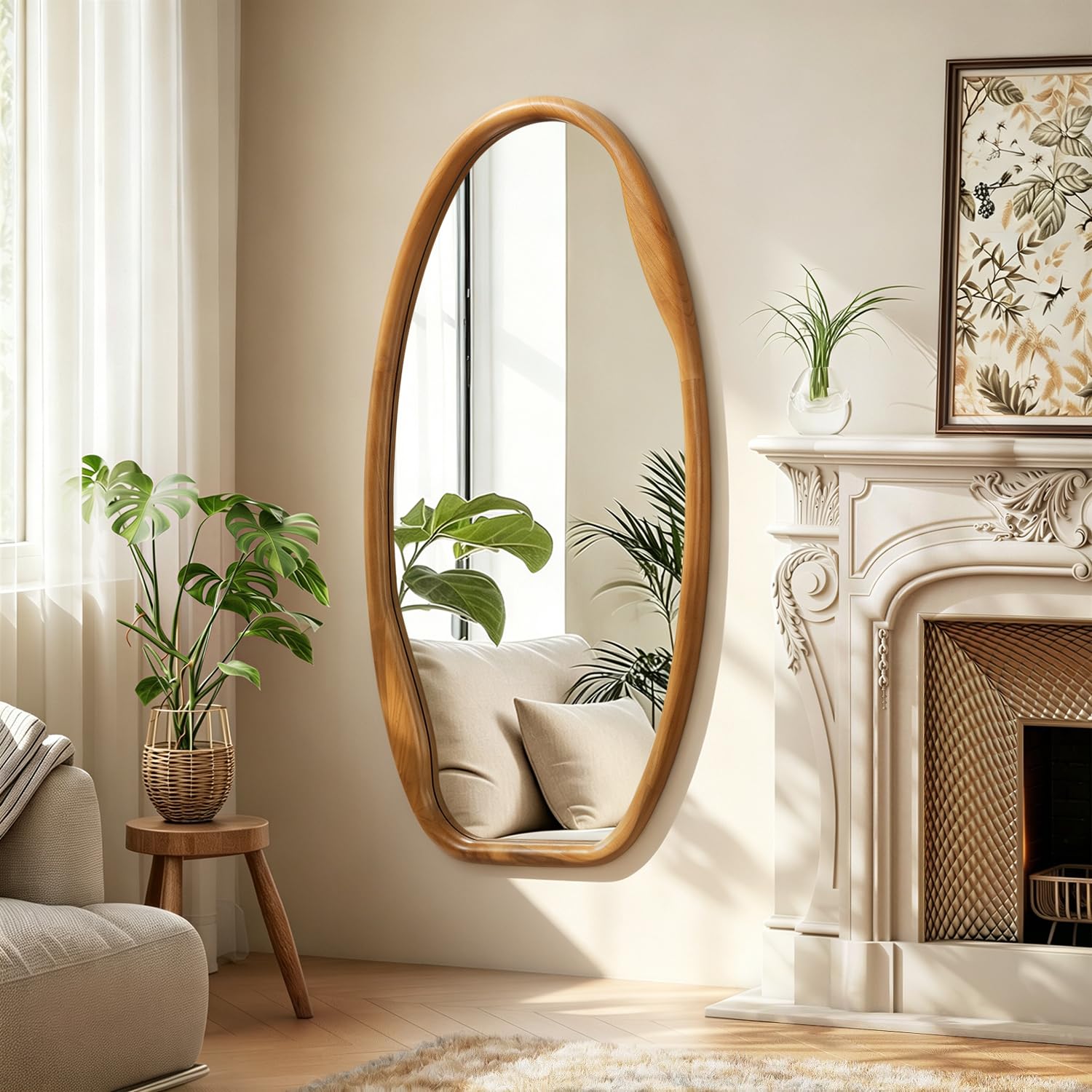 JJUUYOU Espejo Colgante con Marco de Madera de diseño Irregular, tamaño 100x50 cm. Ideal para baños, dormitorios, Salas de Estar, vestidores y entradas.