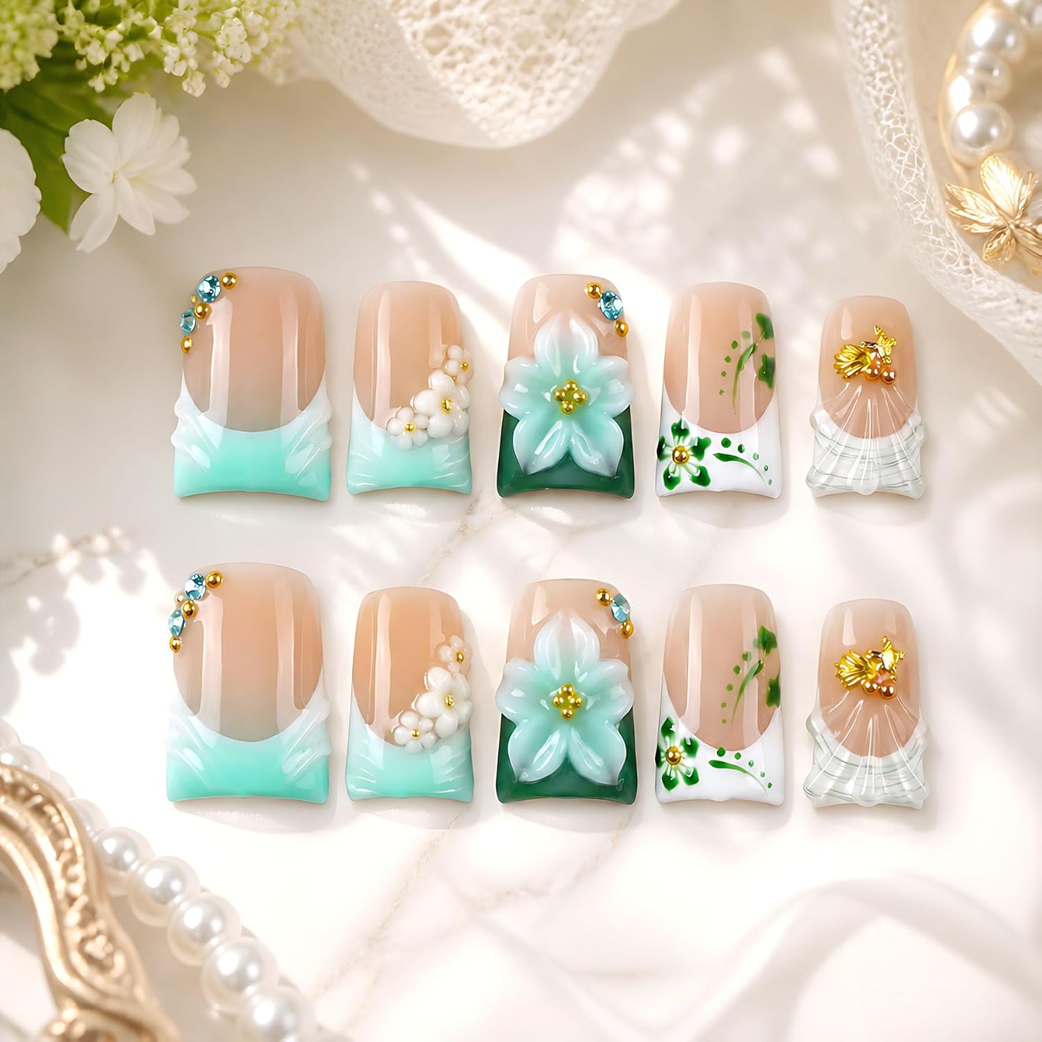 Handmade Press on Nails Fall Press ons Beach Nails Cute Glue on Nails for Women, Luxury Duck 3D Nail Art Design, Fake Nails with Nail Charms 10Pcs Size M 3
