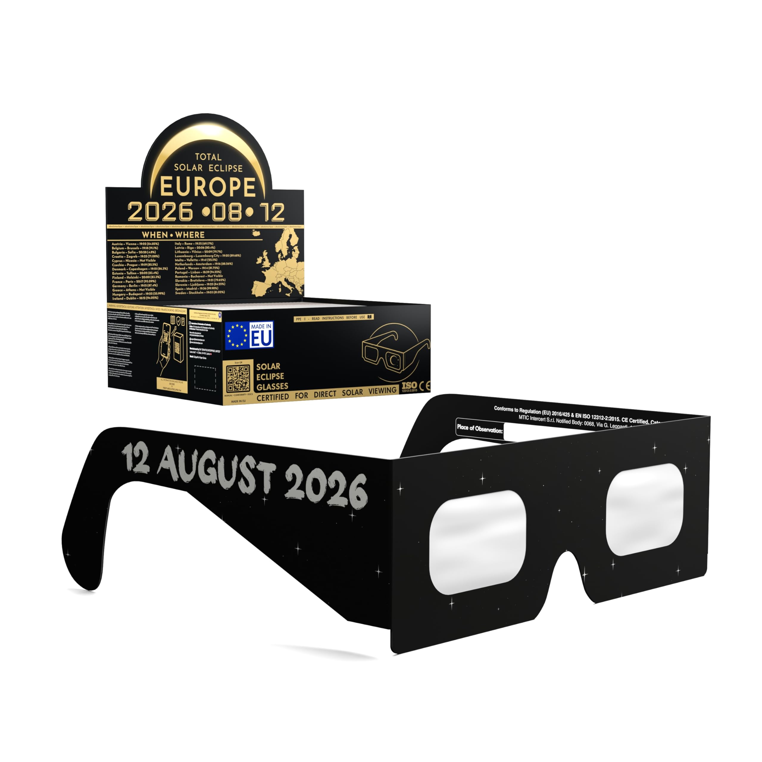Absolute Eclipse Huśtawka Okulary do zaćmienia Słońca Luzem Hurtownia - ISO 12312-2 Testowane i Certyfikat CE - AAS Zalecany producent UE - 2026 Eclipse Europe