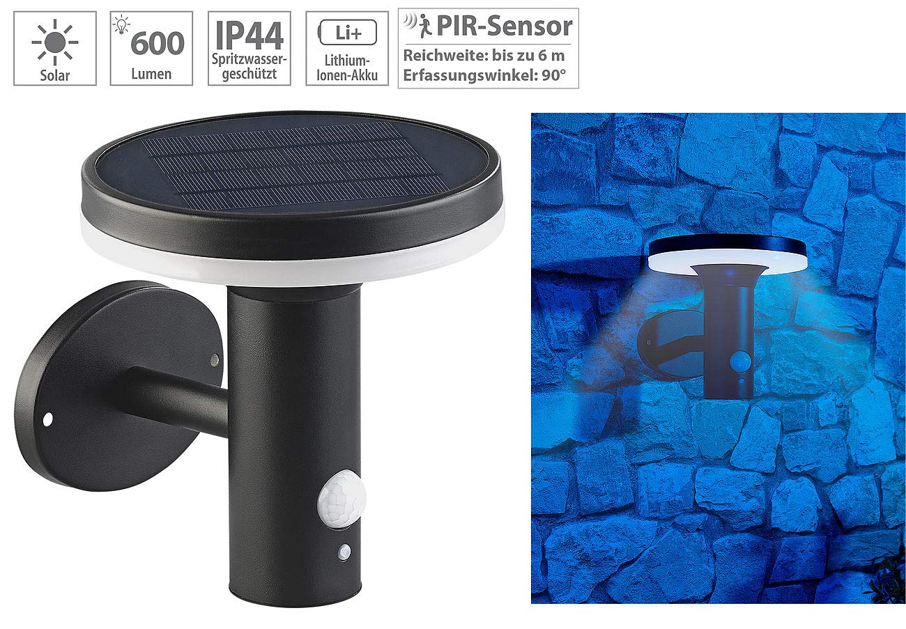 Lunartec Wandlampe: 2 Premium-LED-Solar-Wandleuchten, PIR-Sensor, Nachtlicht, 600 Lumen (hochwertige Solar-Wandlampe, Moderne Wandlaternen, Dimmer)