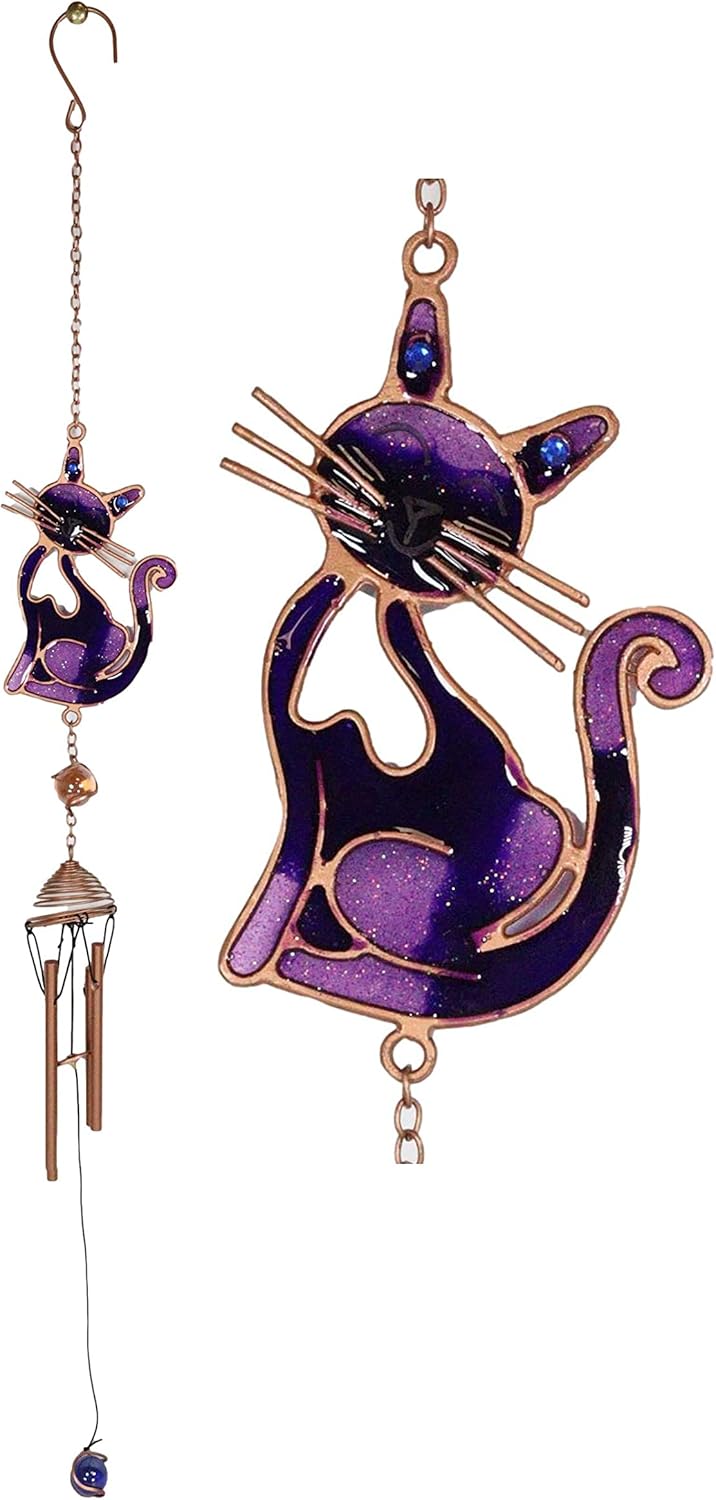 Ebros Gift Stained Glass Feline Love Purple Slinky Cat Sitting Resonant Relaxing Metal Wind Chime Suncatcher Garden Patio Accent with Gemstones