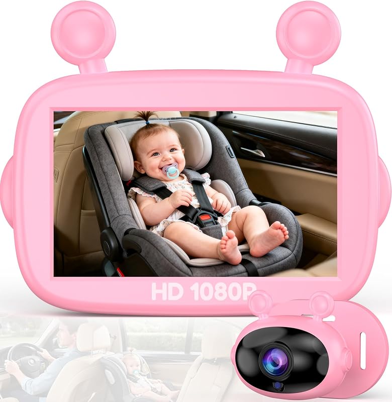 Yakry HD 1080P Baby Car Camera: 3-Min Easy Install Auto IR Night Vision | Real-Time View for Clear Baby Checks - Backseat Camera with 4.3 Inch Pink Display for Infant