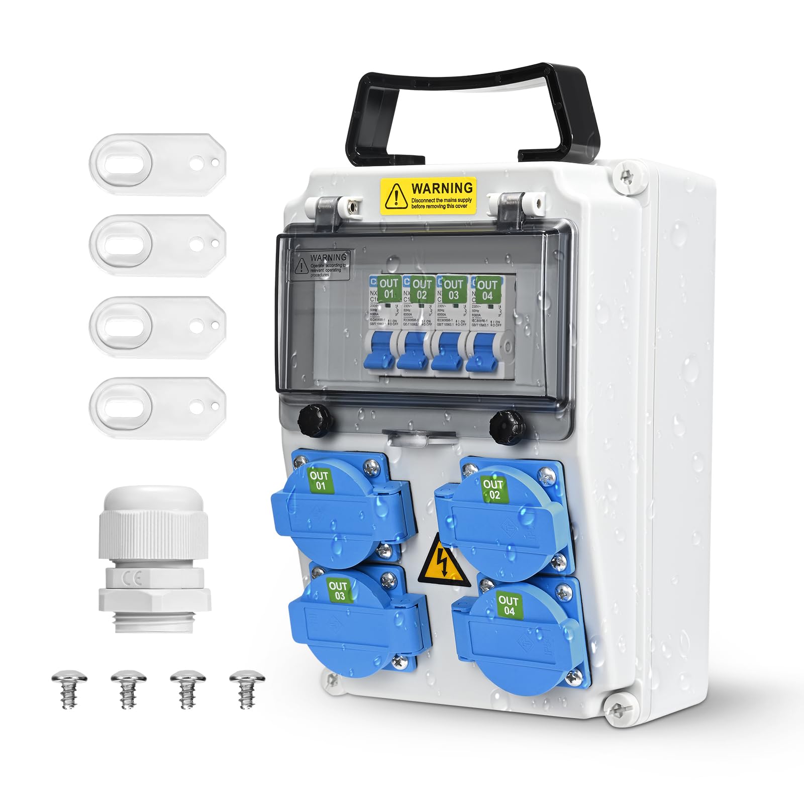 Cofanetto Elettrico di Cantiere 4 x 230V, IP54, Quadro Elettrico Esterno Impermeabile, Distributore di Corrente Elettrica per Officine, Cantieri e Fabbriche