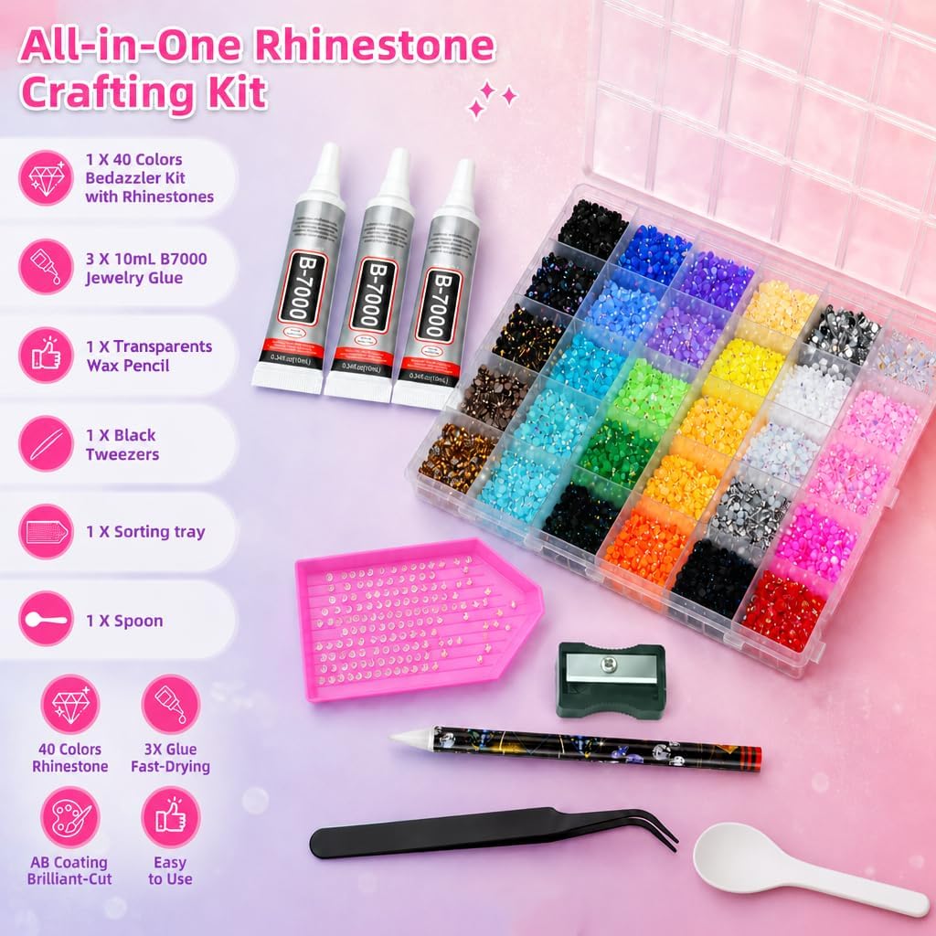 40000Pcs Resin Rhinestones Bedazzling Kit 3mm Mix Colors Flatback Jelly Gems for Diamond Art DIY Tumblers Shoes Caps Clothes Crafting Nails Book Makeup with Complete Upgraded Tool Kit