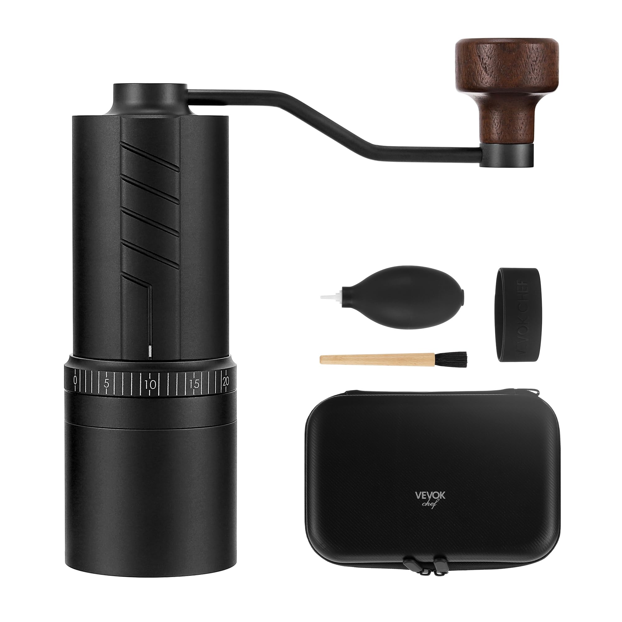 Vevok Chef Moulin à café manuel O20 – 20 niveaux de réglage externe, capacité de 35 g avec étui de voyage et équipement de nettoyage, broyage constant en acier inoxydable tii-plaqué moulin à café