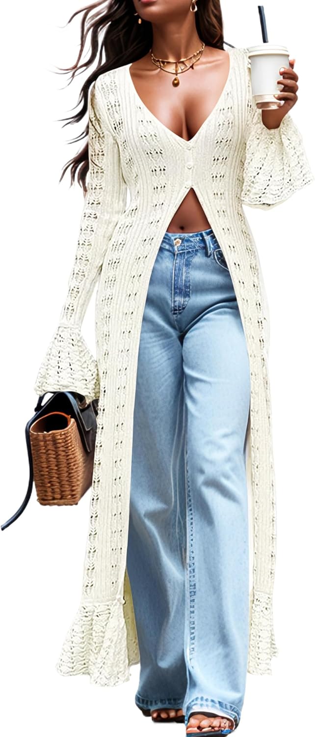 Maxi Long Cardigan Sweaters for Women Lightweight Crochet Bell Long Sleeve Ruffle Summer Beach Cover Up Fall Dress