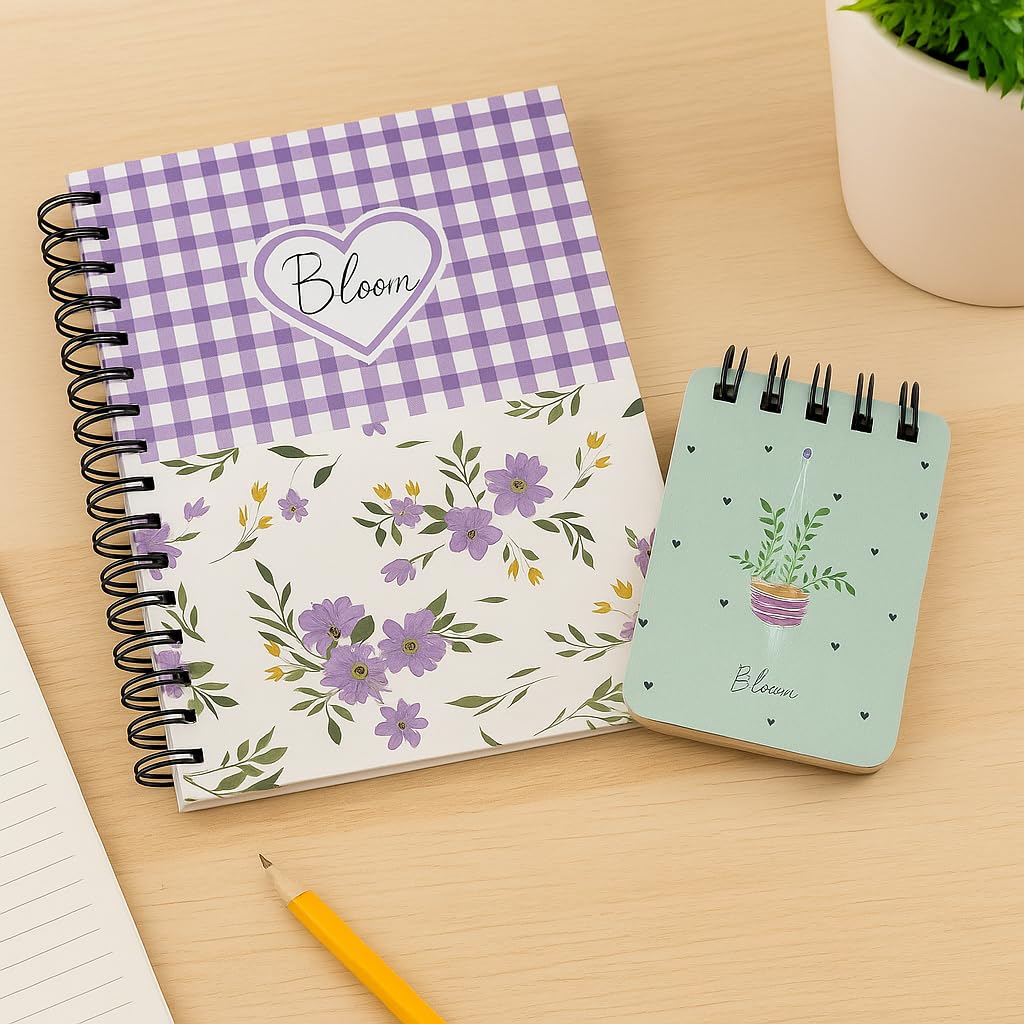 Bloom Floral Notebooks (Set of 2) | Large A5 Spiral Journal & Mini Pocket Notebook | Cute Flower Design | 80 GSM Ruled Pages for School, Office & Personal Use