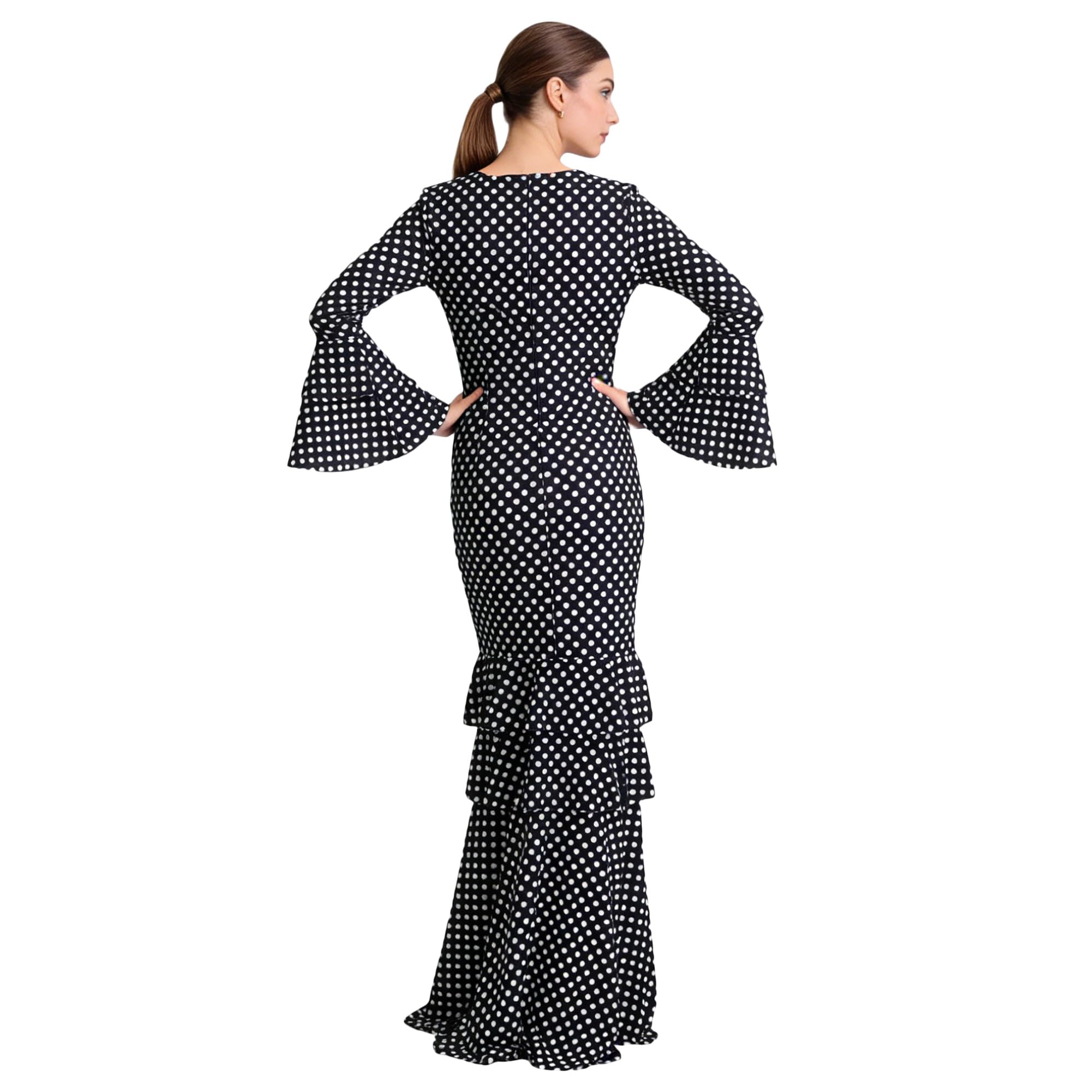 Vestido Flamenco Mujer Largo - Sevillana Adulto con Lunares y Mangas Acampanadas - Traje Andaluz Elegante para Feria y Baile
