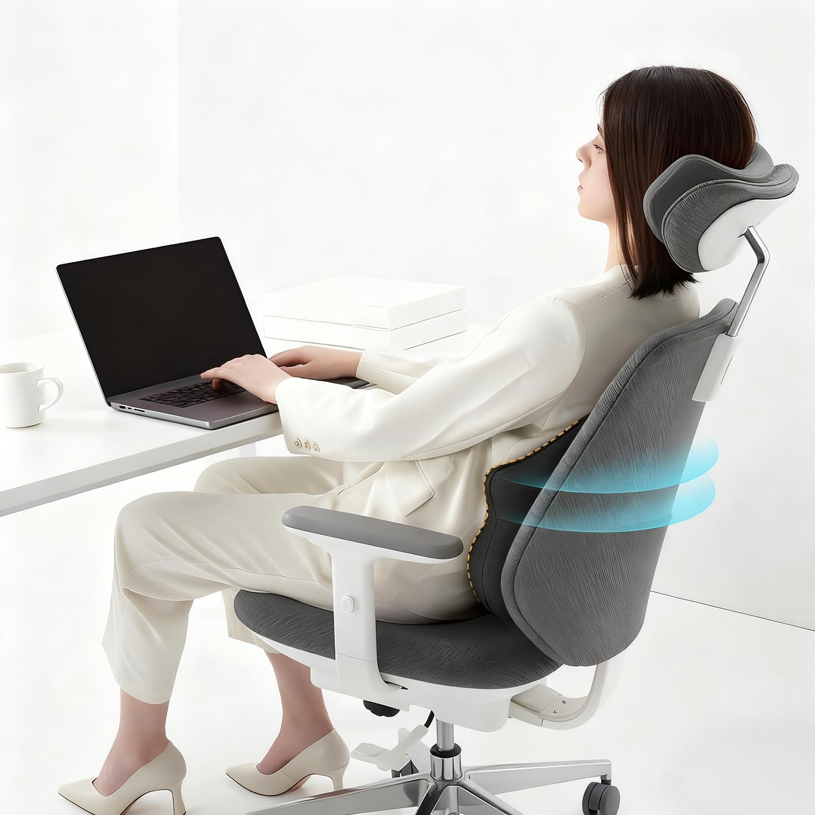 Cuscino Lombare Sedia Ufficio, Cuscino Ergonomico Sedia, Cuscino Integrato a Forma L con Memory Foam, Supporto Lombare e Apertura Traspirante per Coccige, per Sedia Ufficio, Sedile Auto