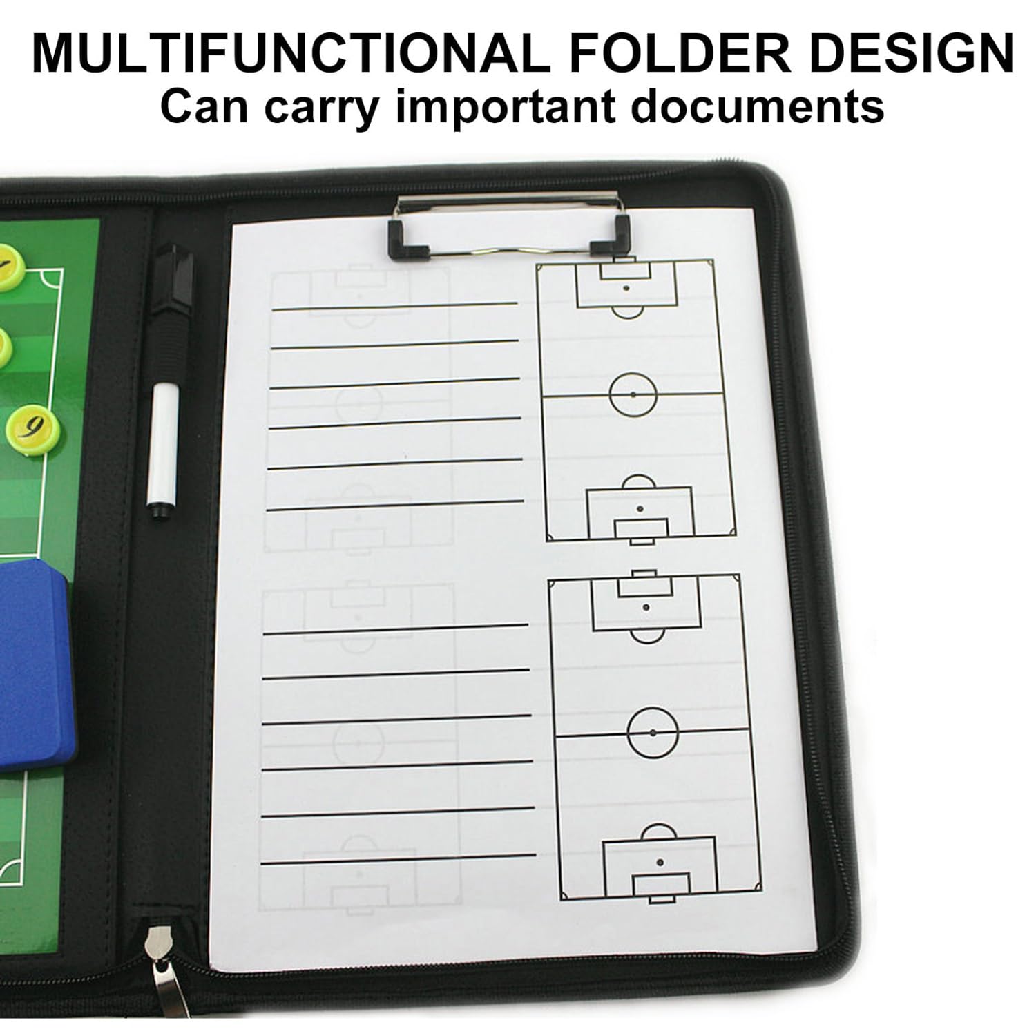 Fußball-Trainer-klemmbrett Fußball-aufstellungstafel, mit Reißverschluss, Fußball-Trainingshilfe mit Spielermarkern, Stift, Radiergummi, Papier