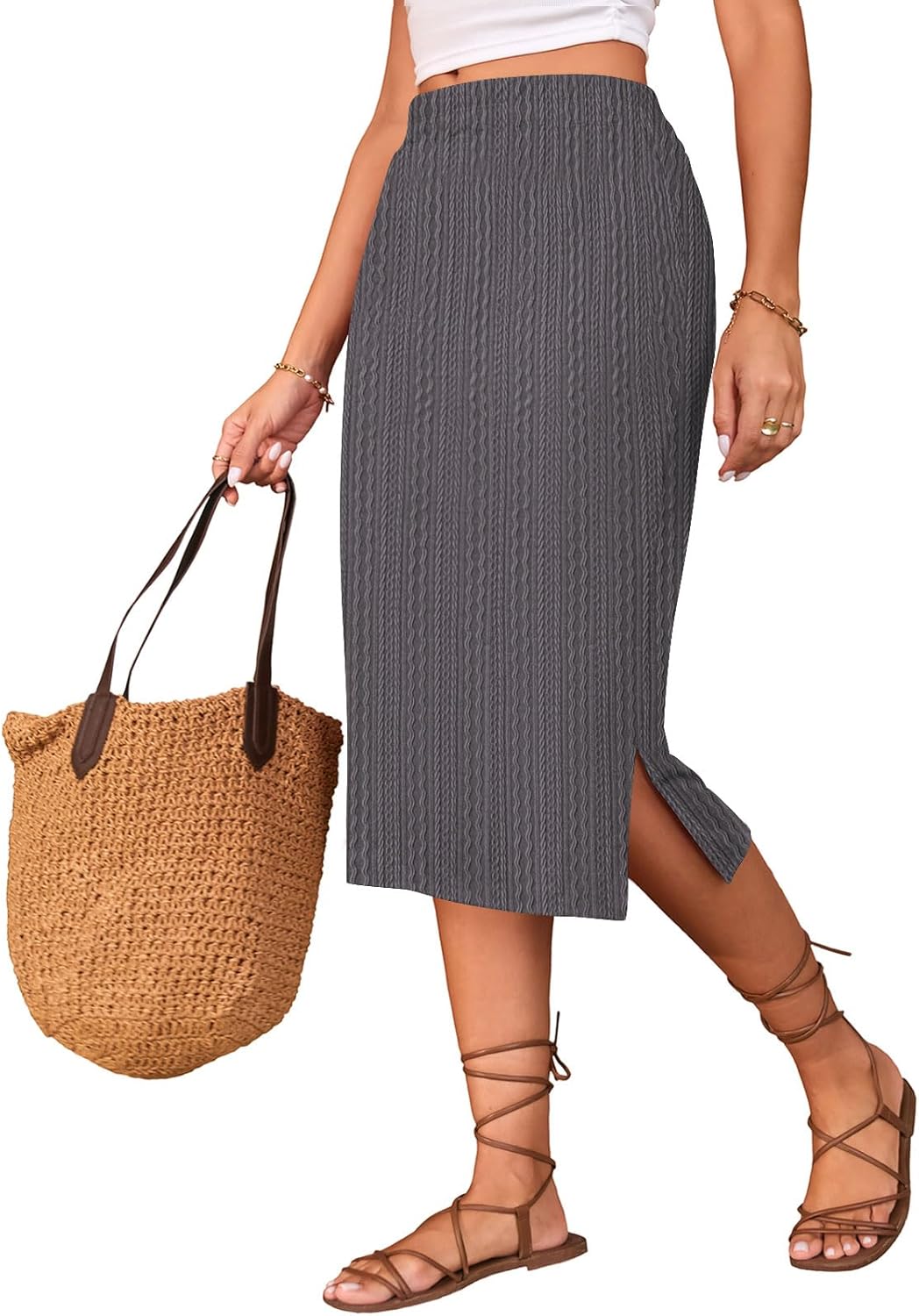 Naggoo Knitted Midi Skirts for Women Summer Elastic High Waisted Side Slit Long Skirt