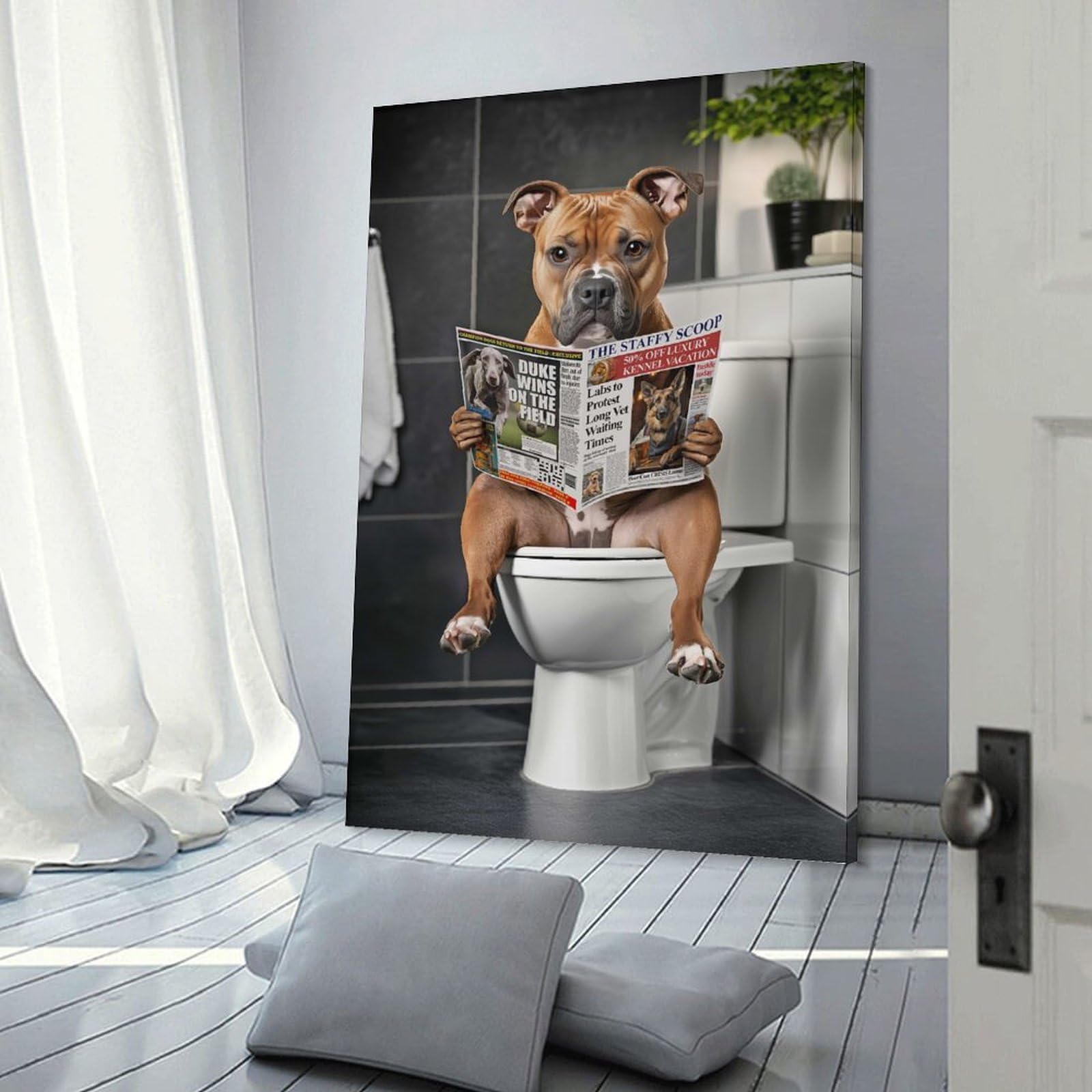 Junmoney Frame-Style-14 Staffordshire Terrier On The Toilet Room Decor Wall Art 16X24inch(40X60cm), For Entrance Walls, Hall Decor Or Foyers, A Neat Decor Update For Hallways