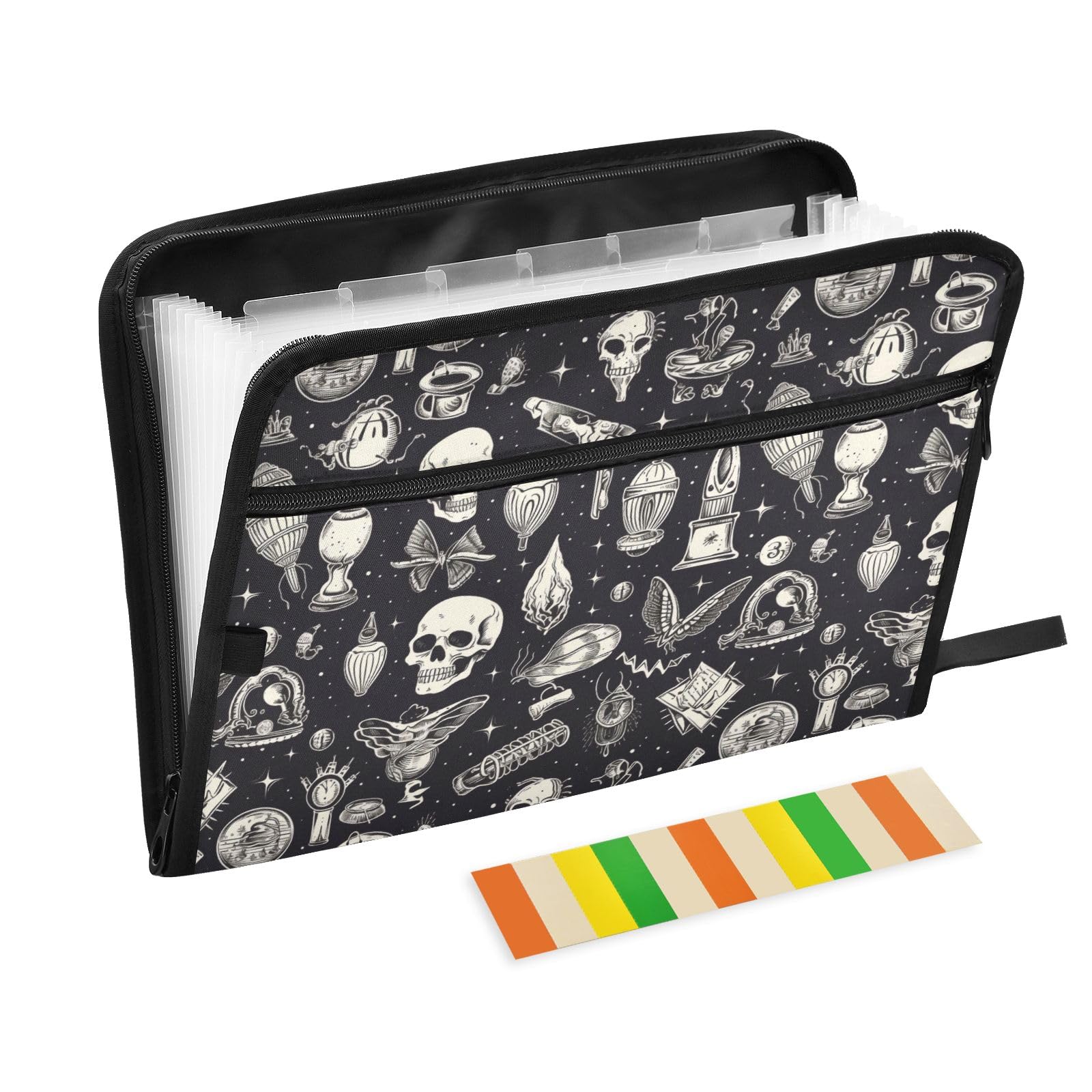 Cartoon Gothic Vintage Skull Expanding File Folder with Sticky Labels, 13 Pockets Accordion File Folder Document Organizer with Zipper Closure