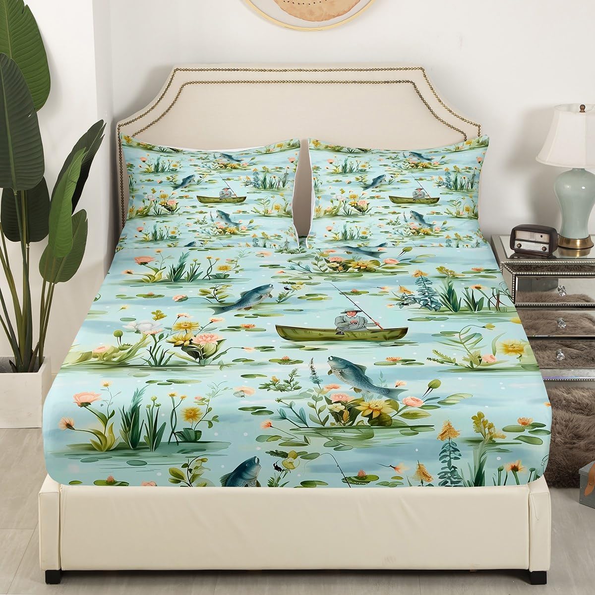Erosebridal Fishing Full Fitted Sheet,Fisherman and Fish Bedding Set for Kids Boys Girls,Big Pike Bass Fish Bed Sheets,Rustic Lake House Flower Bed Set 3Pcs Bedroom Decor (No Flat Sheet)