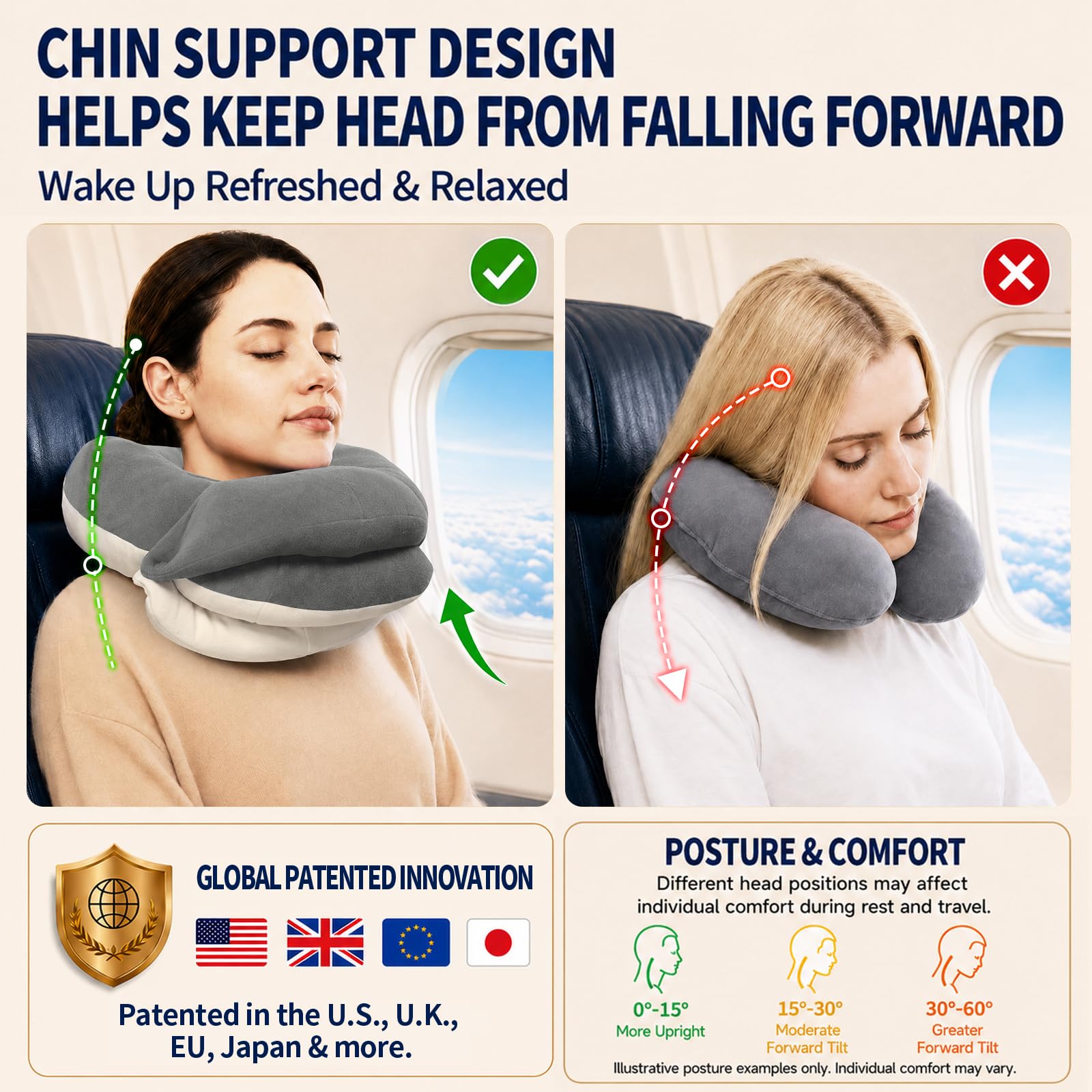 BUYUE Almohada de viaje para el cuello para aviones, reposacabezas de 360° para dormir en vuelos largos, kit con máscara de ojos contorneada 3D, tapones para los oídos y bolsa de almacenamiento (para