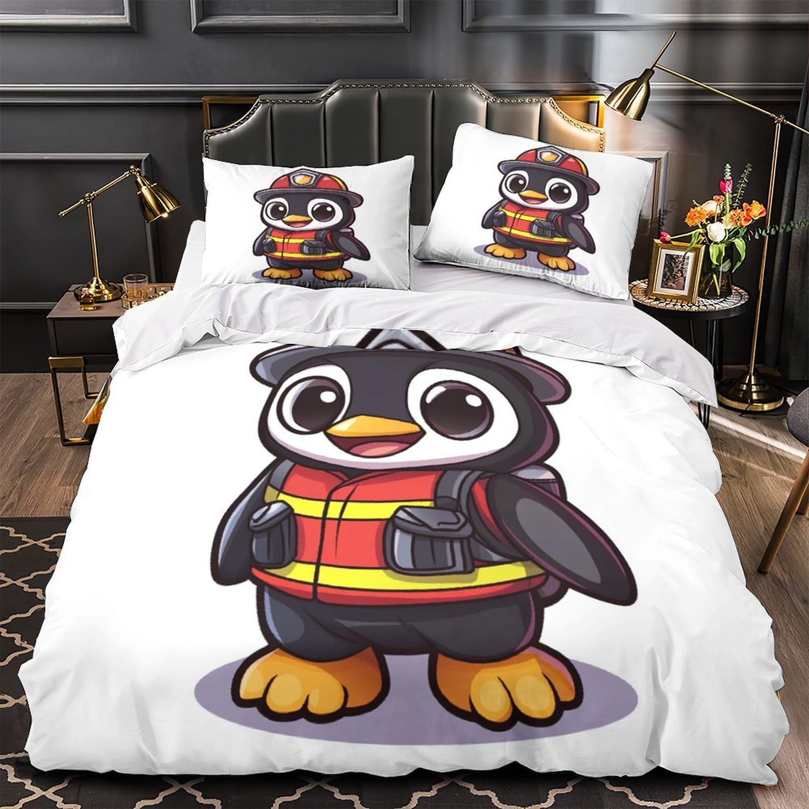 Linge de lit pingouin pompier 3D de qualité supérieure en microfibre douce avec taies d'oreiller