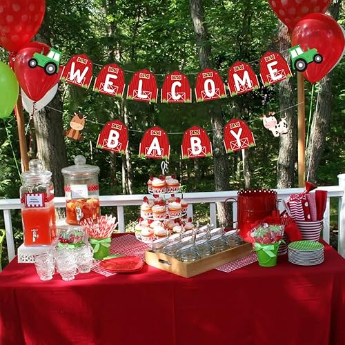 Miniatura 4 de Decoración de baby shower de animales de granja, pancarta roja para niñas, guirnalda de baby shower con temática de animales de granja, pancarta de