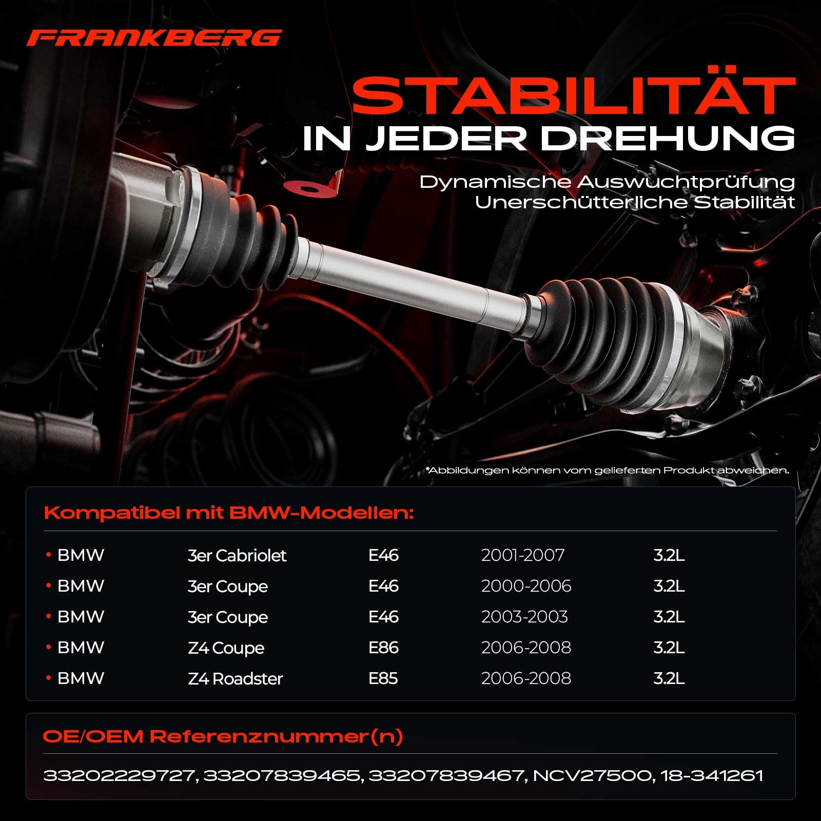 Frankberg Eje motriz Eje de transmisión Caja de cambios manual Eje trasero Izquierda con ABS-Ring Compatible con Serie 3 Cabriolet E46 M3 Z4 Cupé E86 M Replace# 33202229727