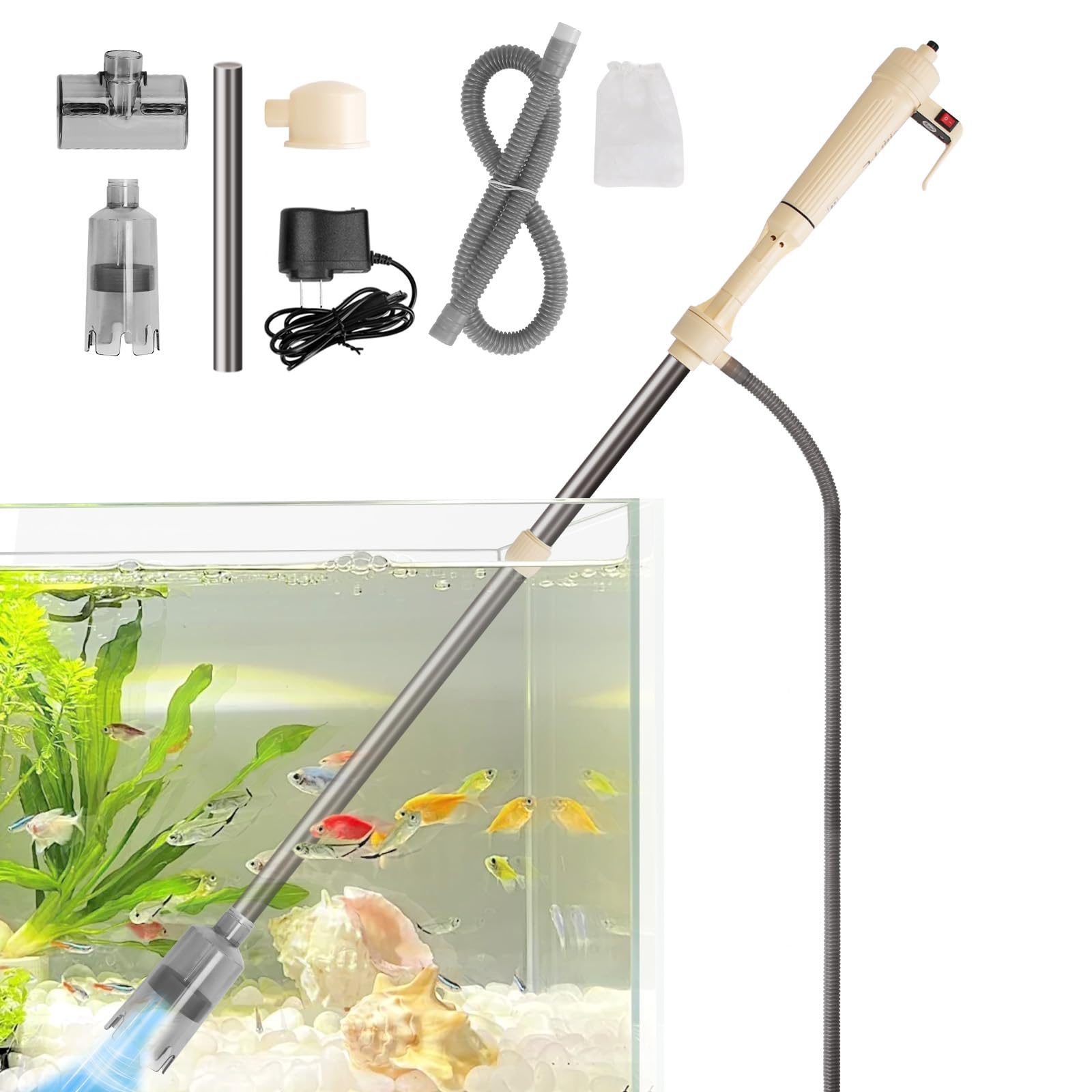 Zorpupoa Aquarium Gravel Cleaner Kit, Electric Fish Tank Cleaning Tools with Strong Suction, Multifunction Automatic Aquarium Vacuum Cleaner for Wash Sand, Water Changing (Adjustable Length)