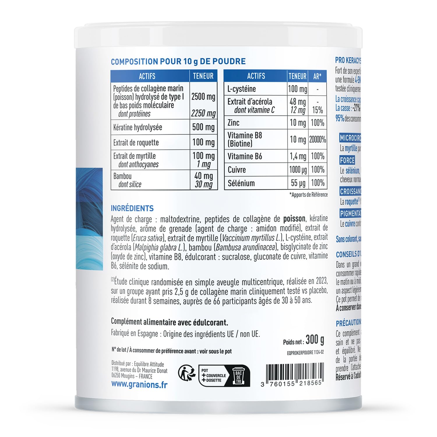 Granions Pro Keracys Cheveux 4en1 300 g | Complement Alimentaire Cheveux - Collagene Marin, Biotine, Selenium, Keratine, Zinc, Vitamine B6 - Grenade - 300g