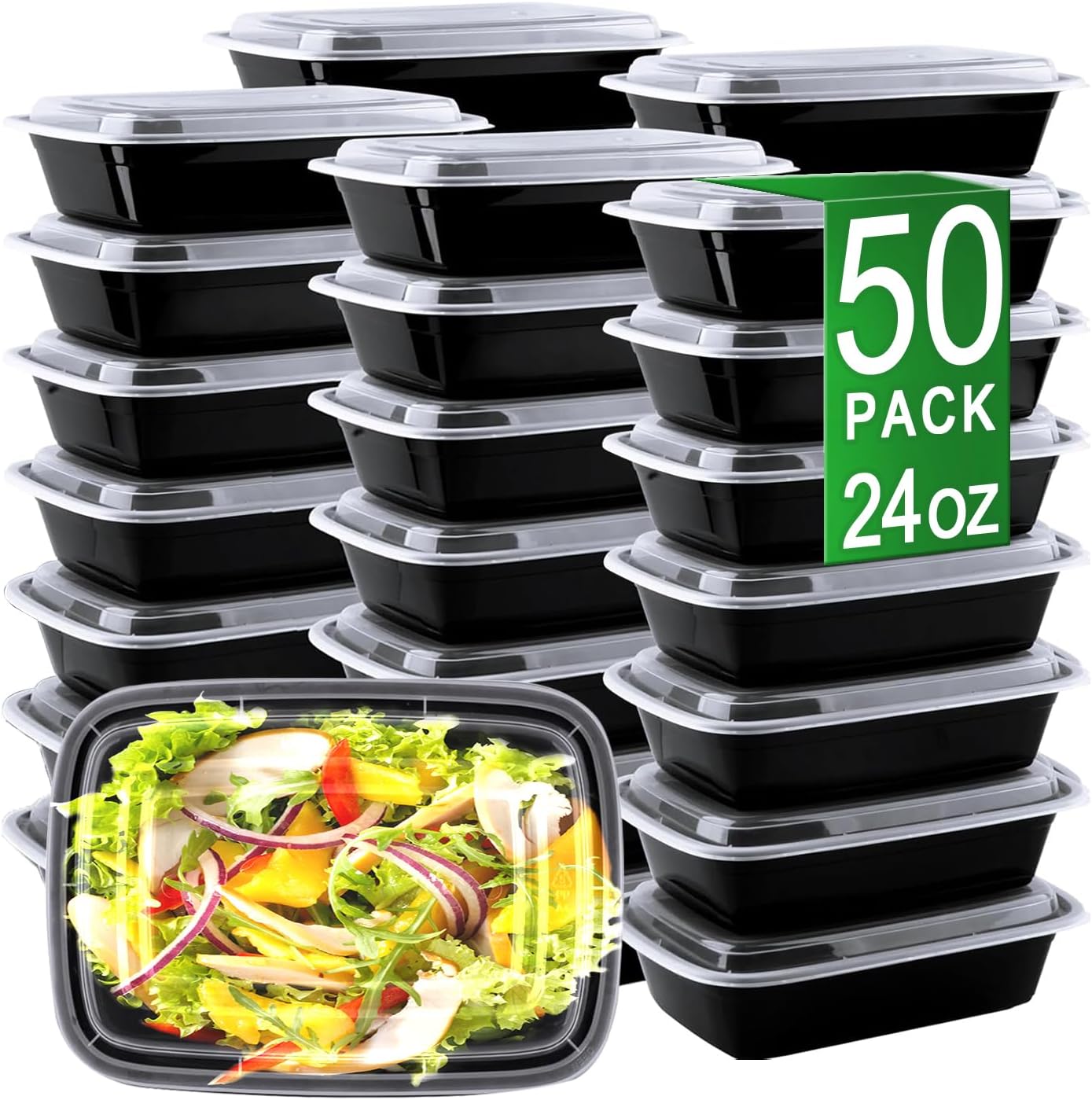 APSIC Meal Prep Containers, 50 Pack 24oz (100-Piece) Disposable Take Out Food Storage Containers with Leakproof Lids, Reusable Plastic To Go Lunch Boxes, BPA Free, Microwave/Dishwasher/Freezer Safe