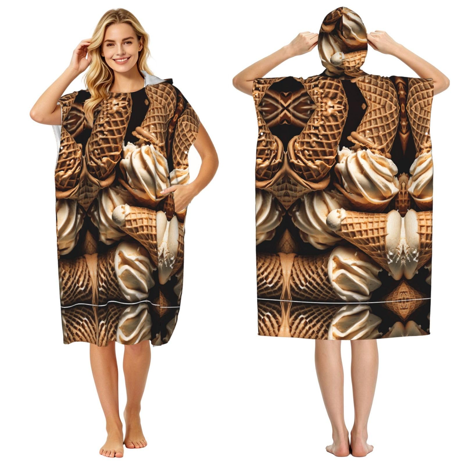Poncho à capuche en microfibre imprimé crème glacée pour change adulte après surf et natation