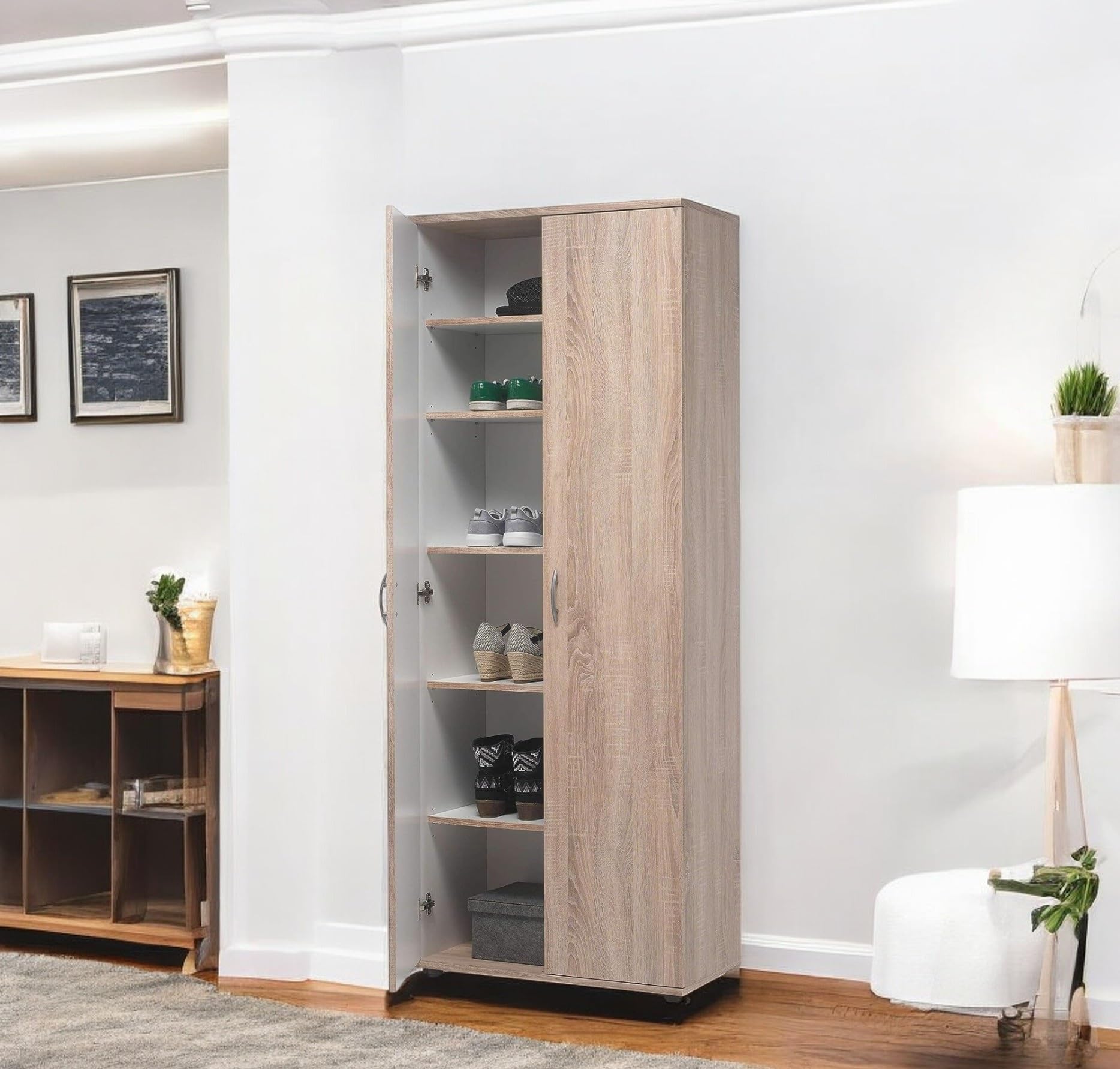 Scarpiera Salvaspazio in Legno Laminato Rovere, 70 x 34 x 176 cm, 5 Ripiani, 2 Ante