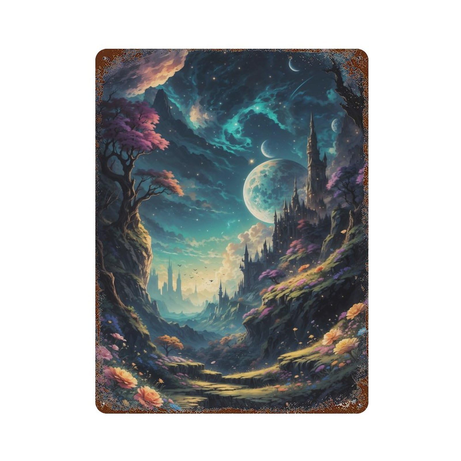 Decorative Tin Sign Enchanting Castle View 15.7"x11.8", Novelty Wall Decor for Shed, Workshop And Garage Wall Decor