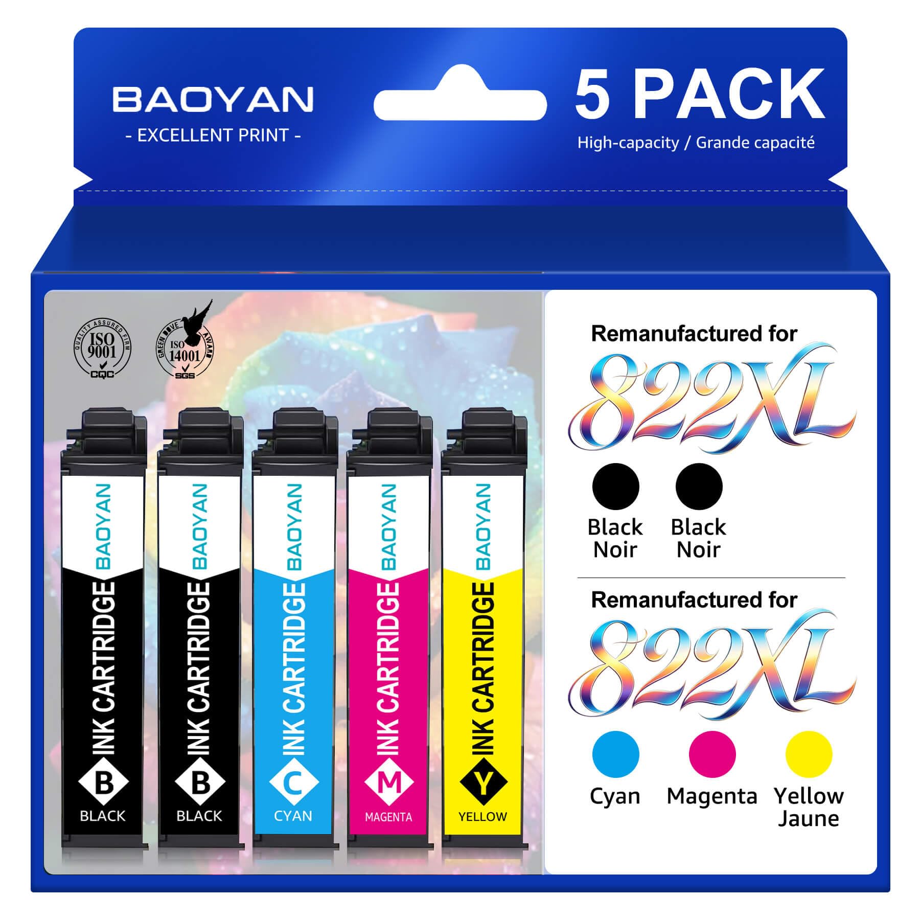 Photo 1 of BAOYAN Remanufactured Ink Cartridges Replacement for Epson 822XL 822 XL Ink Cartridges Combo Pack Works with Workforce Pro WF-3820 WF-3823 WF-4820 WF-4830 WF-4833 WF-4834 Printers (5-Pack)