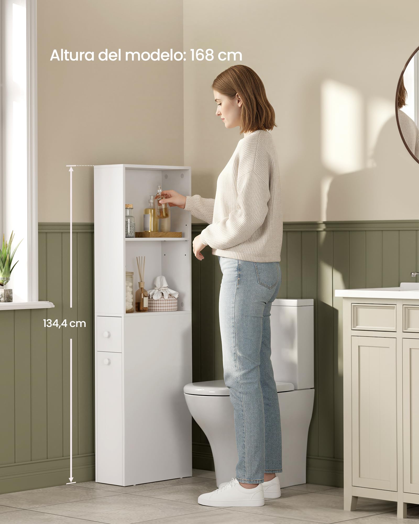 VASAGLE Armario de Baño Alto, Armario de Almacenamiento Delgado, con Cajones y Estante Ajustable, Armario para Espacios Pequeños, Estilo Moderno, Blanco Clásico BBK567T14