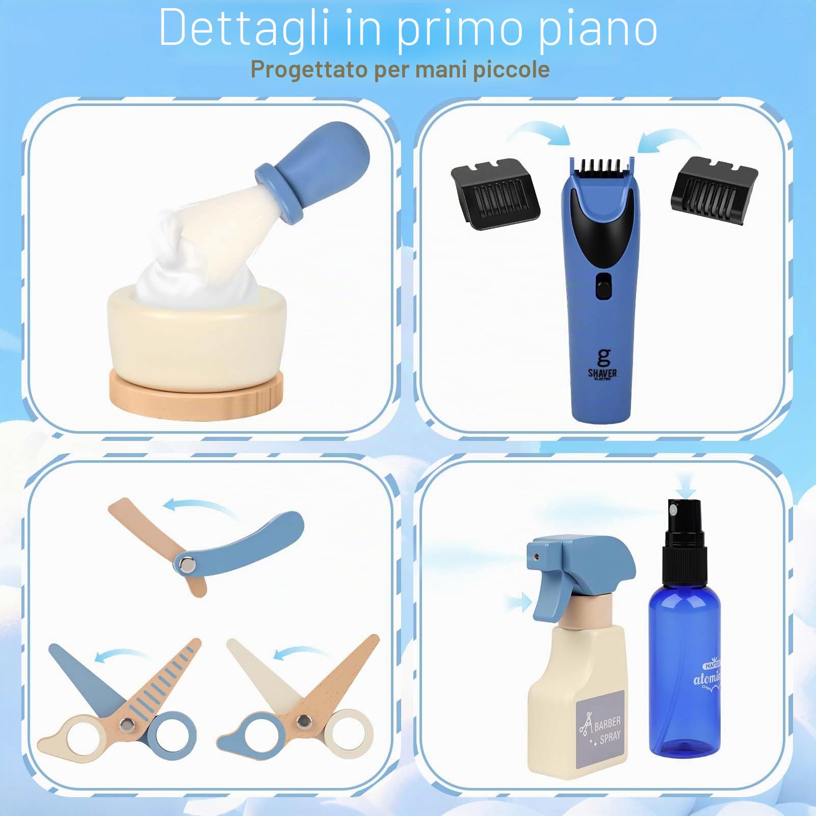 Dreamon Barber Shop per Bambini di Legno, Set da Parrucchiere di legno per Bambini con Asciugacapelli Rasoio Barba Finta Grembiule e Borsa Portaoggetti Regalo per 3 4 5 6 7 Anni