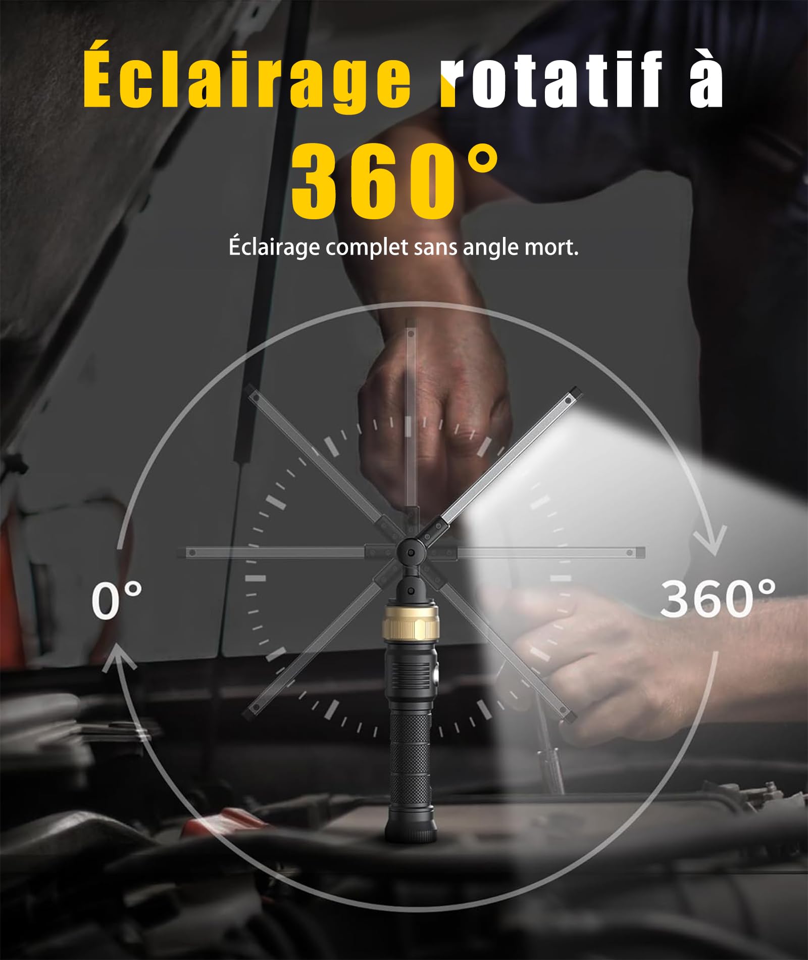 HOTLIGH Lampe LED Rechargeable - 5000 mAh Baladeuse LED Mecanicien avec Conception Pliable Pivotant à 360°, 1200 lumens Lampe Mecanicien, 3 modes D'éclairage Baladeuse pour la Réparation Automobile